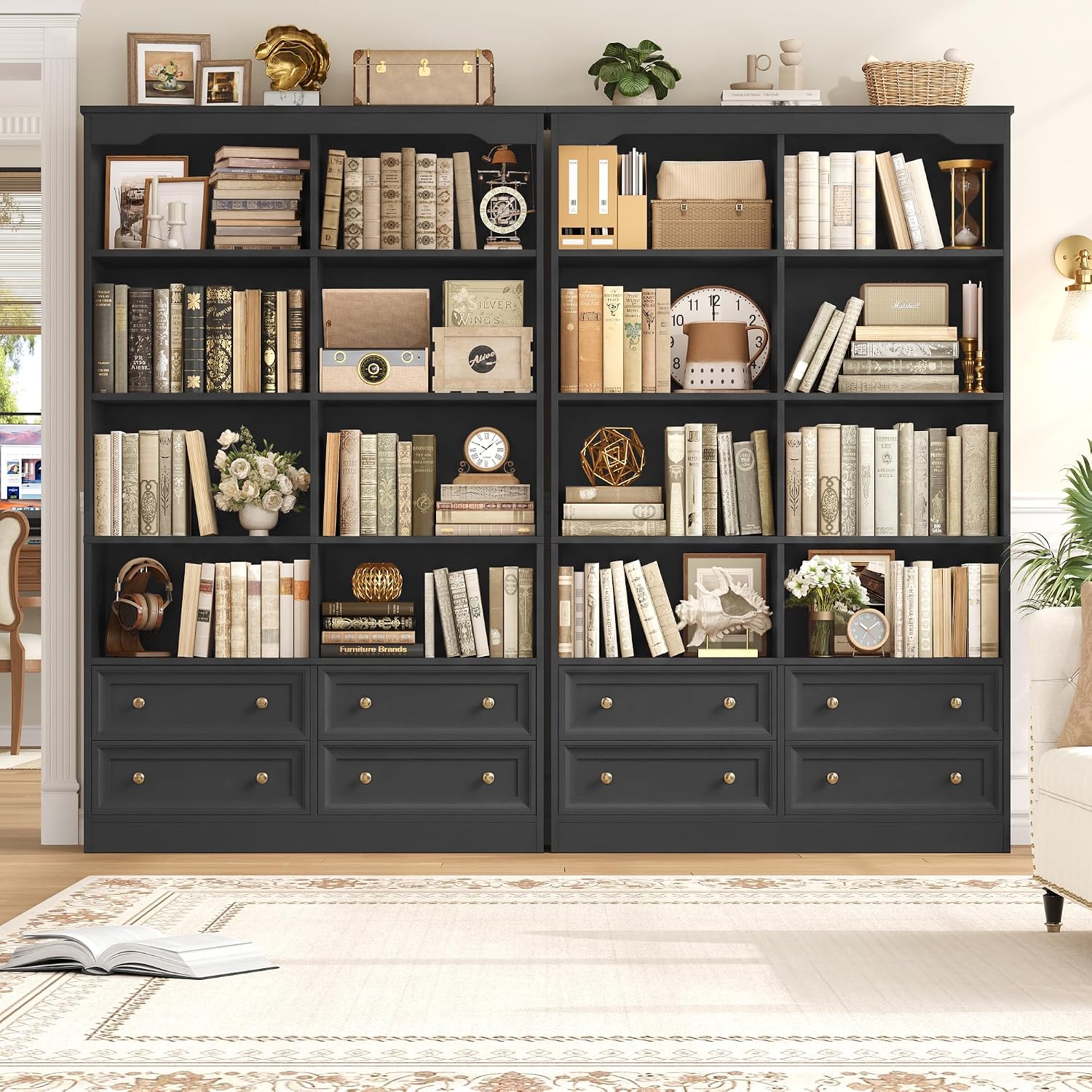 FINETONES 71' Black Bookshelf with 4 Drawers, 6-Tier Double Wide Bookshelves and Bookcases with Storage, Tall Bookshelf Large Open Bookshelves Standing Book Cabinet for Home Office, Black
