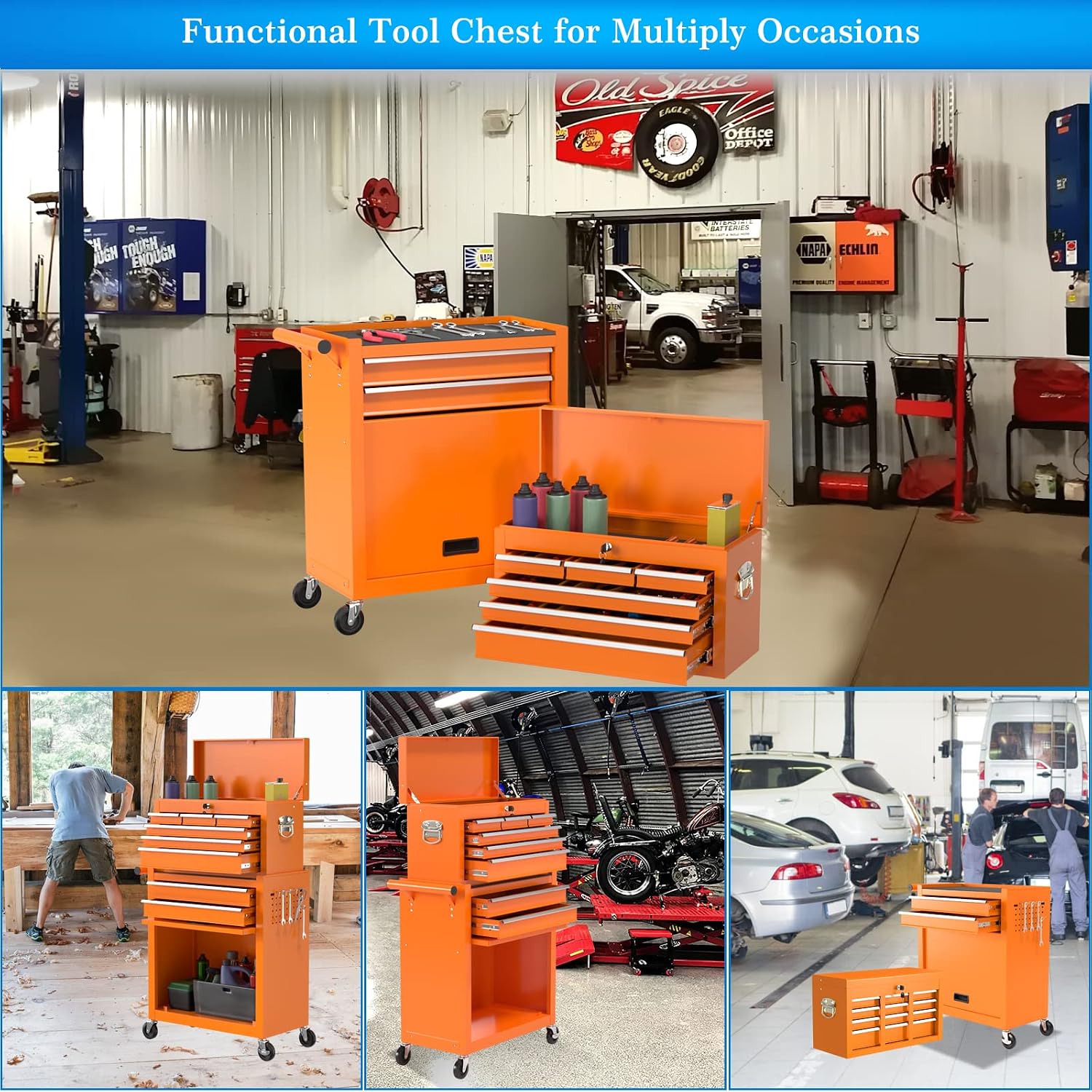 Go Big 8-Drawers Tool Chest Tool Box, Rolling Tool Chest with Wheels, Rolling Tool Box with Wheels, Garage Tool Storage Cabinet on Wheels, Locking System Toolbox(Cool Orange)