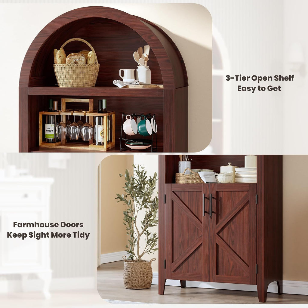 IDEALHOUSE Arched Kitchen Pantry Cabinet with Doors - 5-Tier Open Display Shelf with Nice Texture, Farmhouse Storage Cabinet for Kitchen, Dining Room, Living Room, Walnut