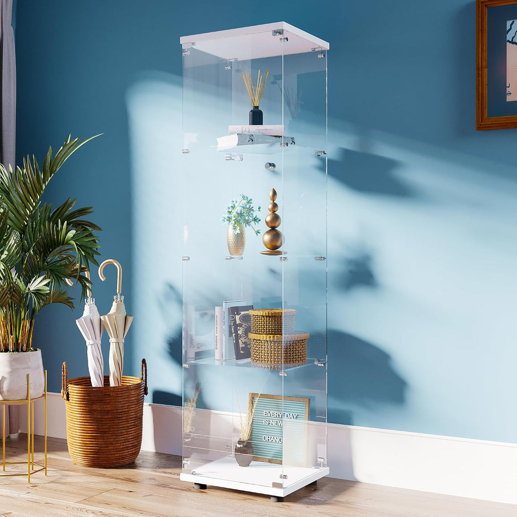 FANYUSHOW Tempered Glass Display Cabinet 4-Shelf Curio Cabinet with Security Lock 5mm Display Shelf Showcase for Living Room/Bedroom/Office- White 64.7' H x 16.7' L x 14.37' W