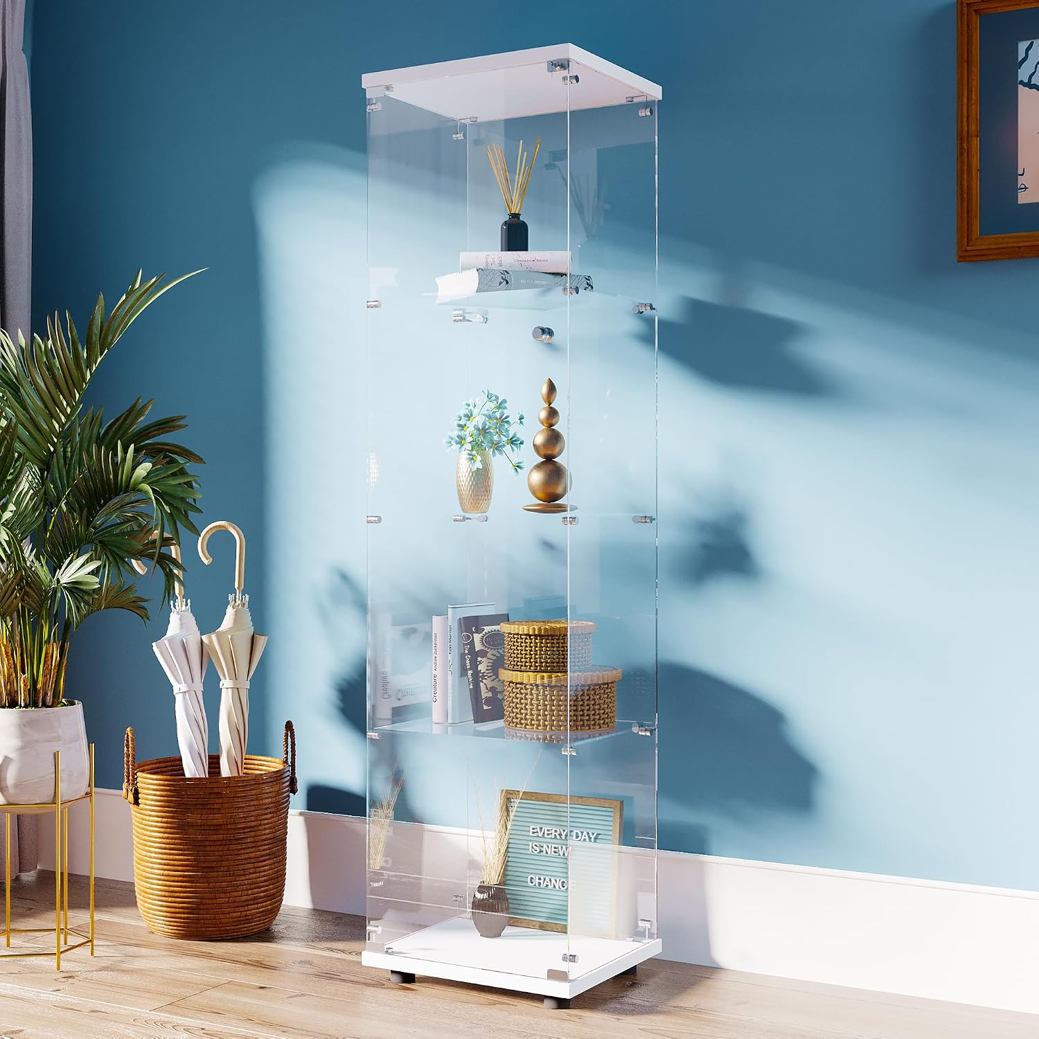 FANYUSHOW Tempered Glass Display Cabinet 4-Shelf Curio Cabinet with Security Lock 5mm Display Shelf Showcase for Living Room/Bedroom/Office- White 64.7' H x 16.7' L x 14.37' W