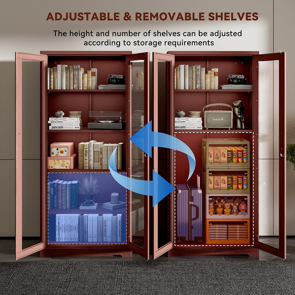 Display Cabinet with Glass Doors,71' Metal Curio Cabinets with 4 Adjustable Shelves, 5 Tier Display Case for Collectibles, Metal Storage Cabinet, Brown