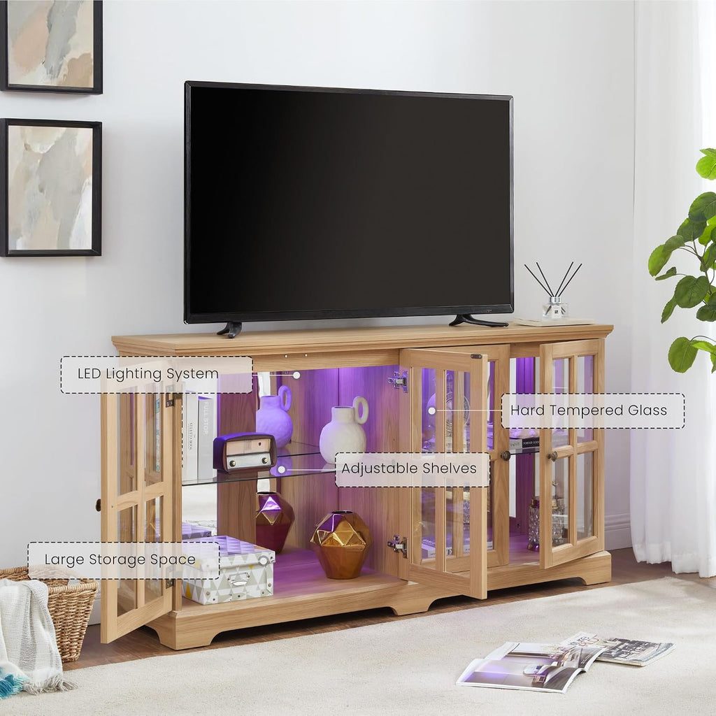 59' W LED Curio Cabinet with 7 Color Lights, Vintage Glass Display Case with Glass Doors, Smartphone-Controlled, Short Wooden China Cabinet with Adjustable Shelves for Living Room, Entryway(Light Oak)
