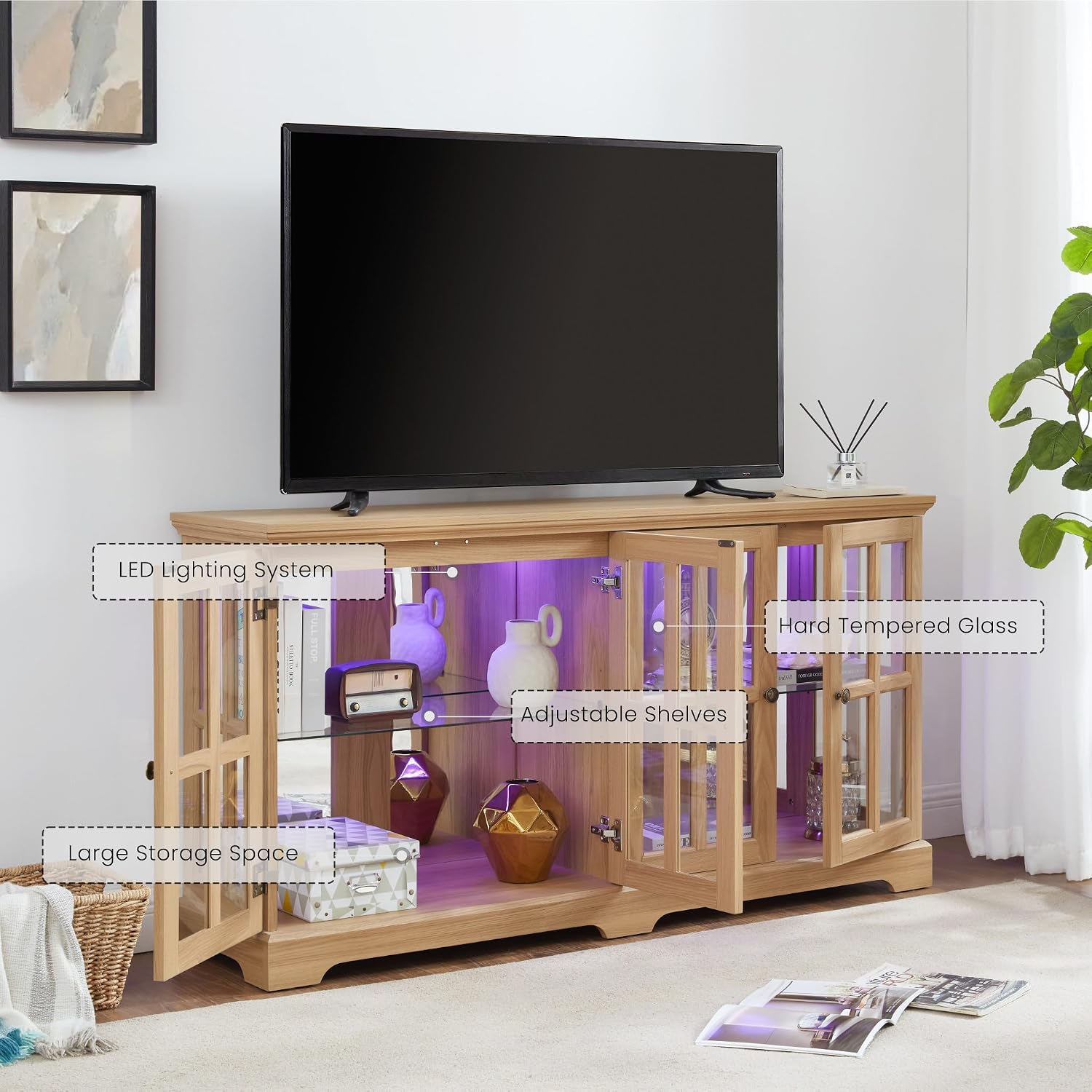 59' W LED Curio Cabinet with 7 Color Lights, Vintage Glass Display Case with Glass Doors, Smartphone-Controlled, Short Wooden China Cabinet with Adjustable Shelves for Living Room, Entryway(Light Oak)