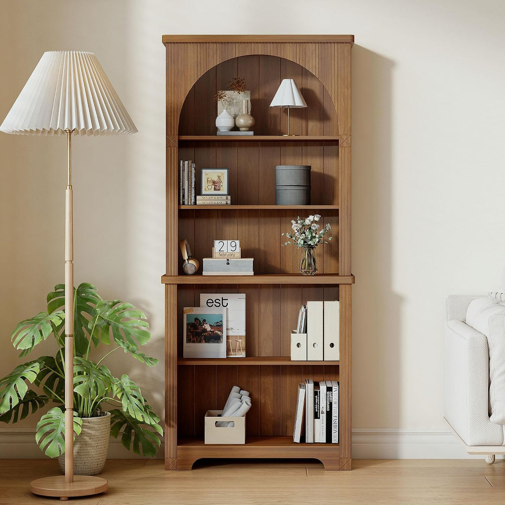 Janmer Home 71' Tall Narrow Arched Bookshelf, Mid Century Modern 5-Tier Arched Narrow Storage Bookcase with Adjustable Open Display Shelf for Office, Living Room (Walnut)