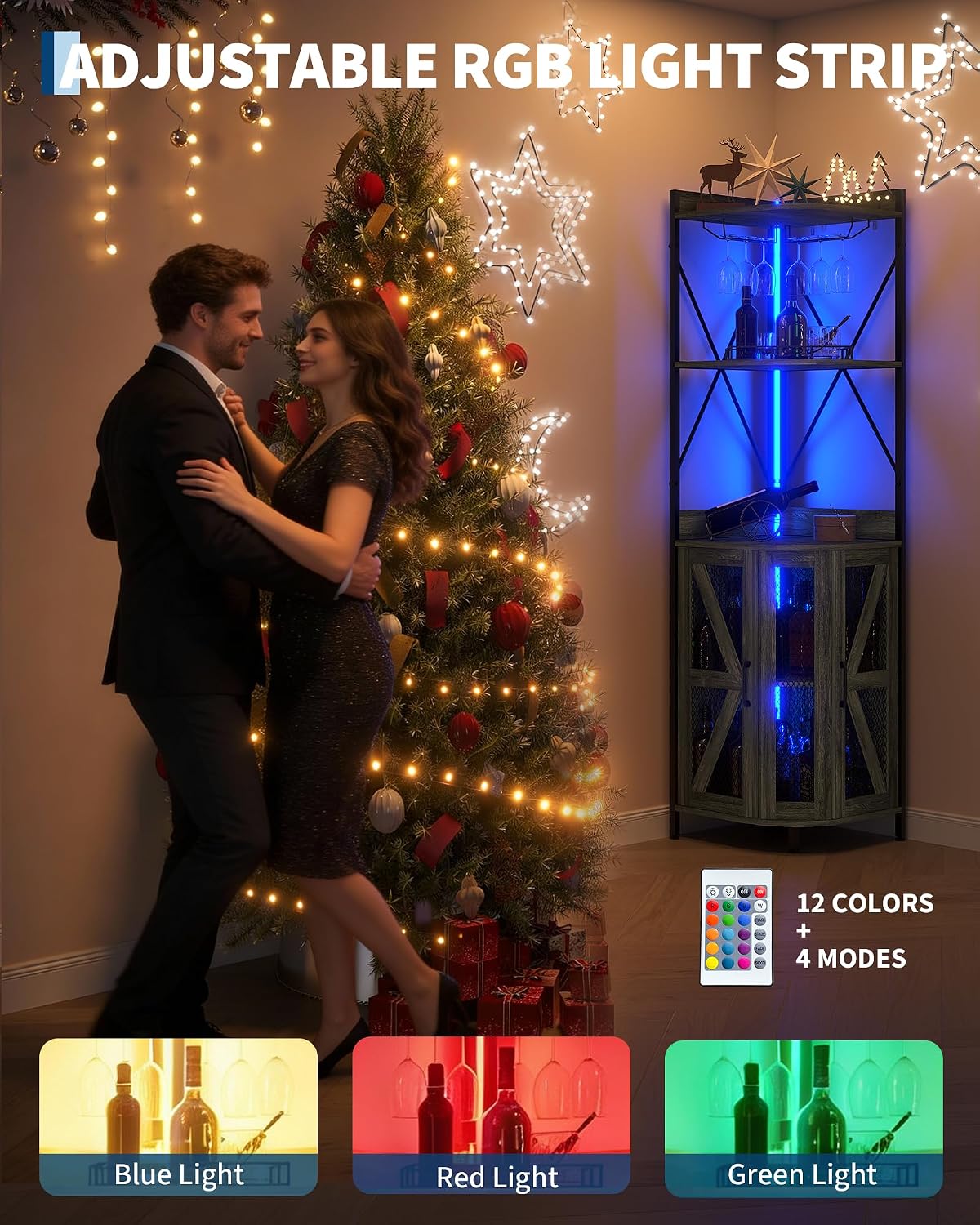 Garvee 72in Corner Wine Cabinet with Power Outlet, Industrial Wine Cabinet w/LED Strip&Glass Holder, 5-Tiers Liquor Cabinets Bar for Home, Small Space, Display Cabinets for, 12 Colors, Mesh Door