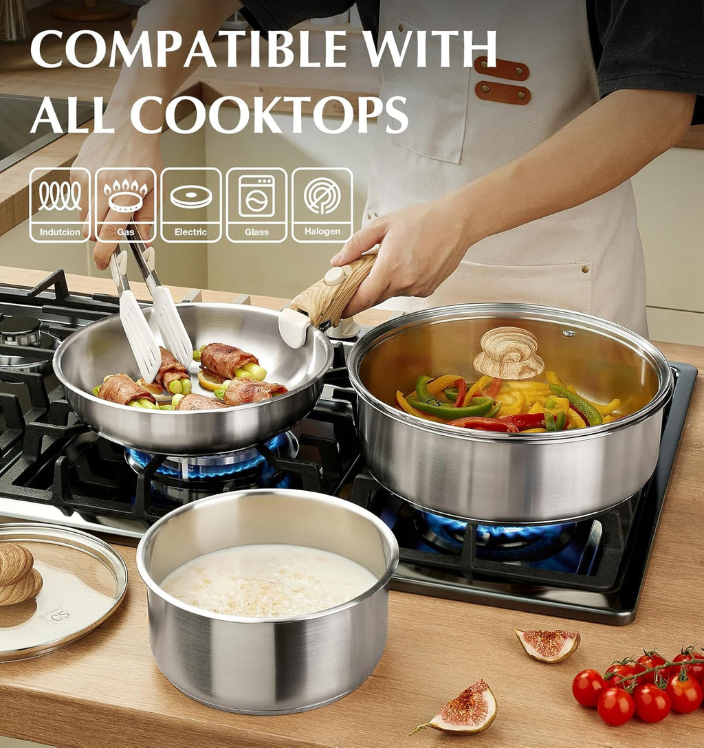 KOCH SYSTEME CS Stainless Steel Cookware Set, 18/10 Stainless Steel Pots and Pans Set 11PCS, Detachable Handle Pots and Pans for Easy Storage, Removable Handle Cooking Set, Induction Compatible