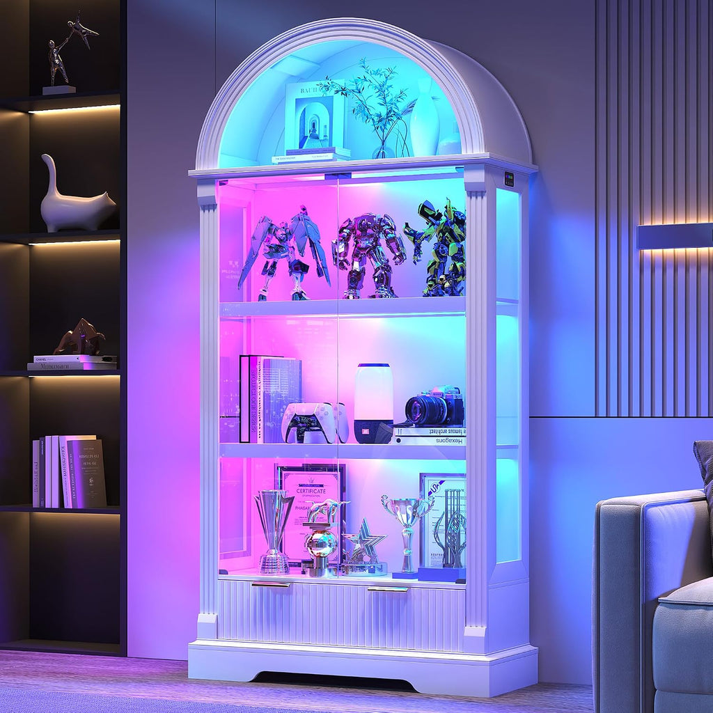 Dystler Curio Cabinet with RGB Lights, 72' Tall Arched Display Cabinet with Glass Doors, 4-Tier Large Shelf Display Case for Collectibles Bookcase Living Room, White