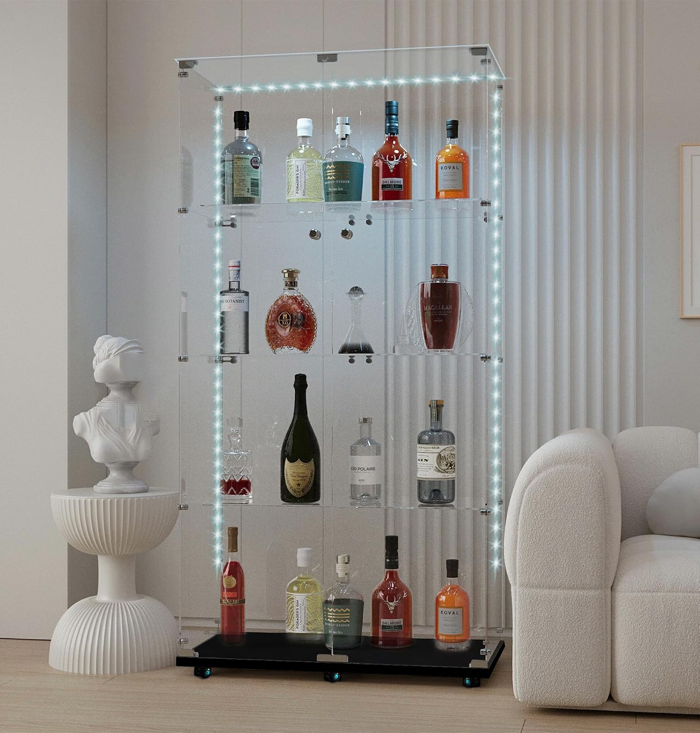 Modern Glass Display Cabinet 4-Shelf with LED Light, Lock and Wheels, 2 Door Curio Cabinets, Tempered Glass Collection Display Showcase for Living Room Home Office,30.9x13.5x65 H,Black