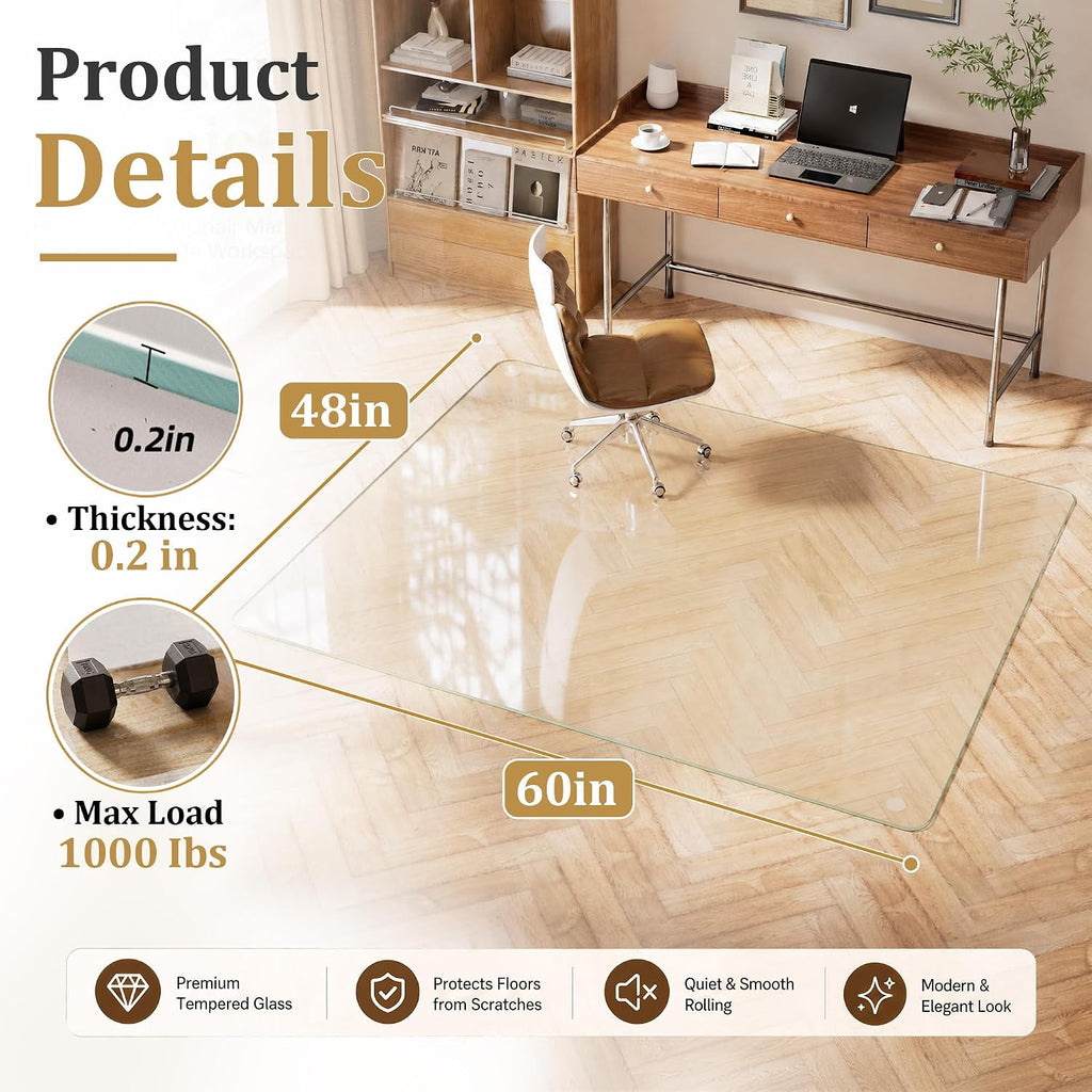 VETROUVE 48' x 60' Chair Mat for Carpet, Heavy Duty Hard Tempered Glass Desk Office Mat on Carpet or Hard Floor with 4 Anti-Slip Pads, 1/5' Thick, Smooth Rolling, Scratch Resistant, Transparent