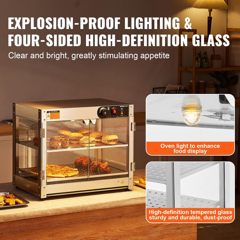 VEVOR 2-Tier Commercial Food Warmer Display, 800W Food Display Warmer with Light to Enhance Food Display, 86℉~185℉ Temperature Control, 58L Large Capacity for Hamburger, Pizza, Bread, Fried Chicken