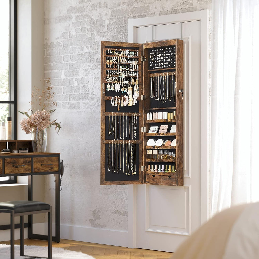 SONGMICS 6 LEDs Mirror Jewelry Cabinet, 47.2-Inch Tall Lockable Wall or Door Mounted Jewelry Armoire Organizer with Mirror, 2 Drawers, 3.9 x 14.6 x 47.2 Inches, Rustic Brown UJJC93CB