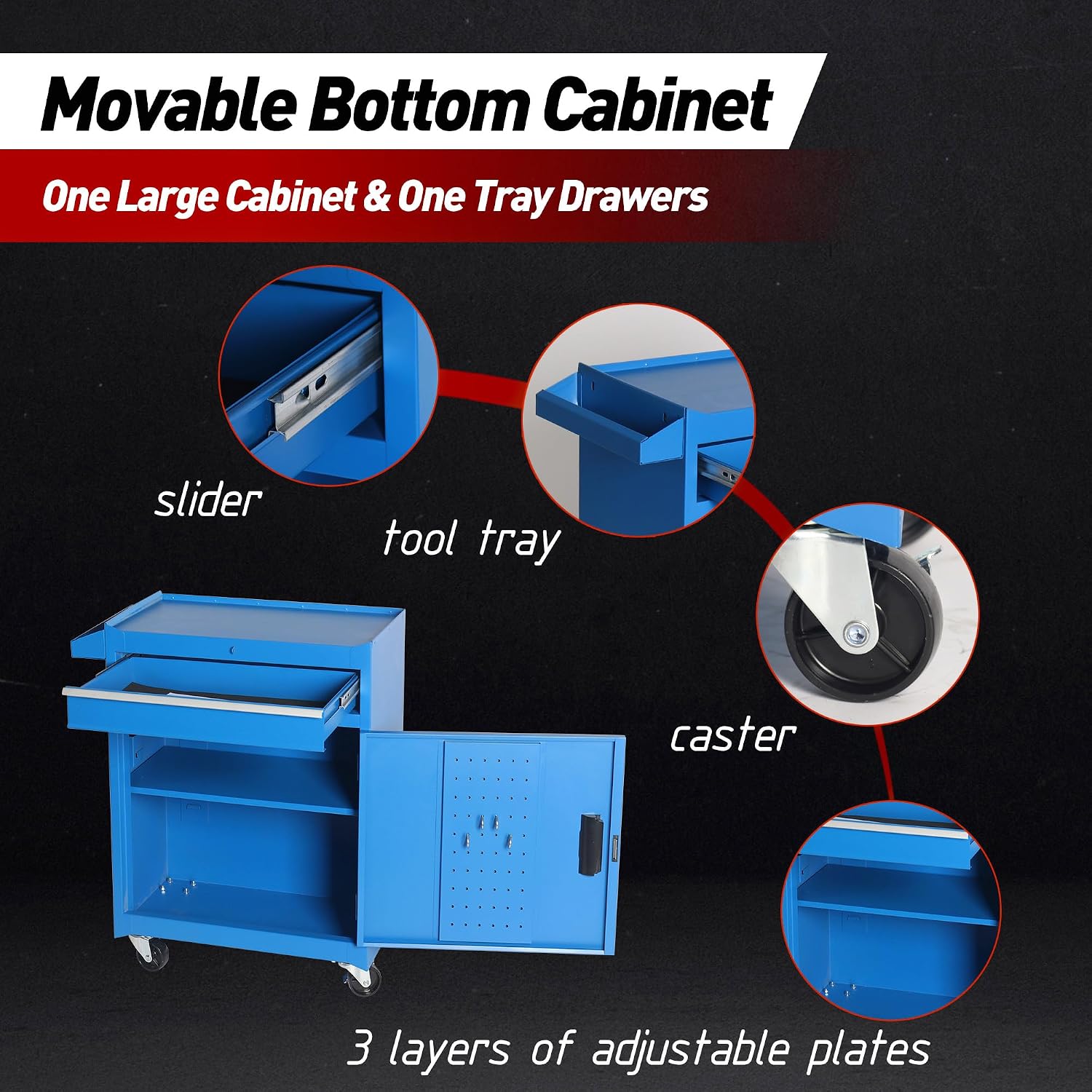 5-Drawer Rolling Tool Storage Chest Cabinet with Detachable Top Tool Box, Liner, Universal Lockable Wheels,37.6'x 20.7'x 11' Expandable, Locking Mechanism, Metal Tool Cart for Garage Workshop