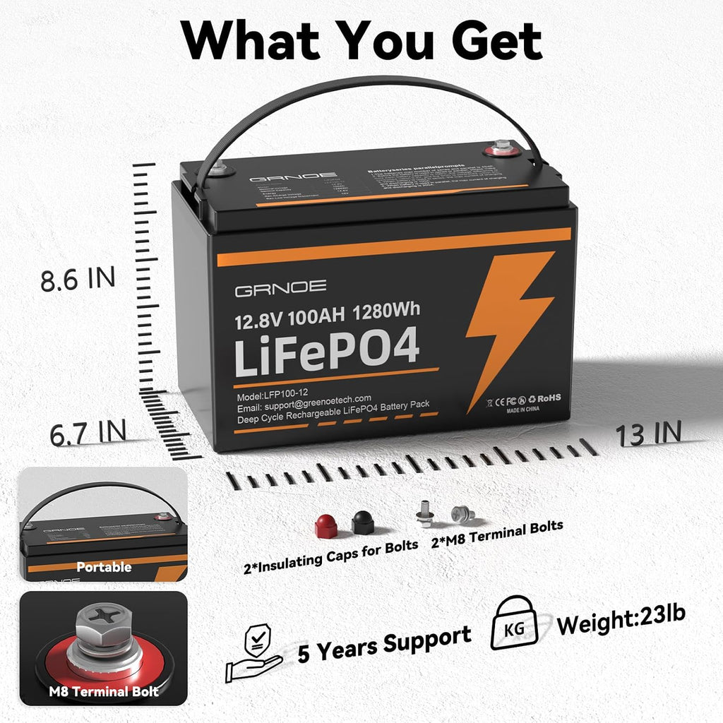 12V 100Ah LiFePO4 Battery Built-in 100A BMS, Group 31 Lithium Battery 1280Wh Up to 15000 Deep Cycles Rechargeable Battery for RV, Marine/Trolling Motors, Home Energy Storage