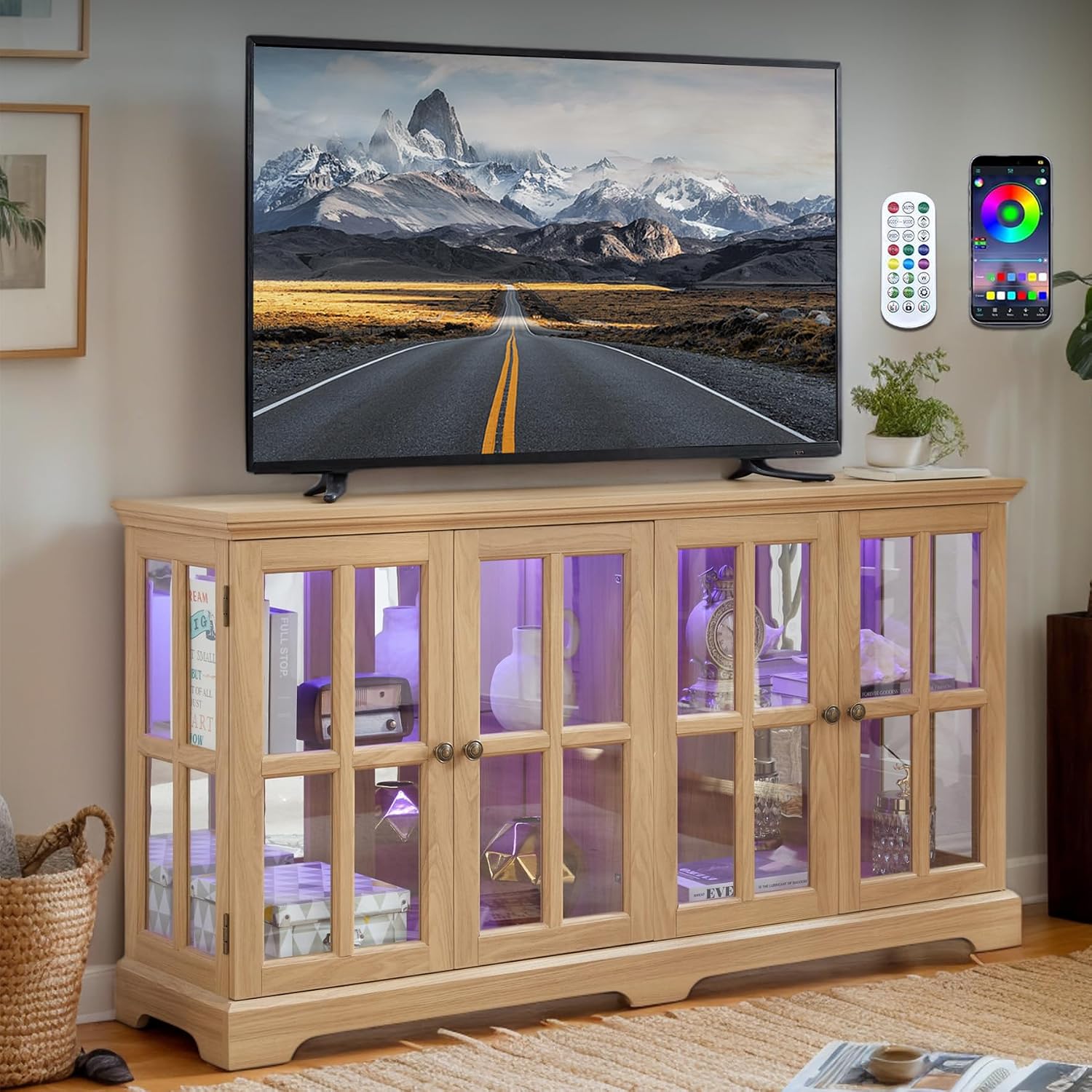59' W LED Curio Cabinet with 7 Color Lights, Vintage Glass Display Case with Glass Doors, Smartphone-Controlled, Short Wooden China Cabinet with Adjustable Shelves for Living Room, Entryway(Light Oak)