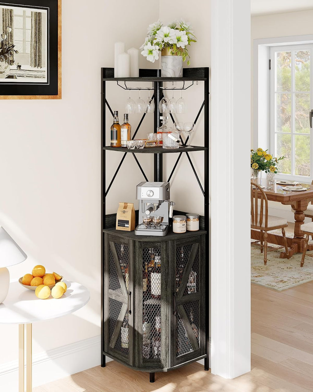 Garvee 72in Corner Wine Cabinet with Power Outlet, Industrial Wine Cabinet w/LED Strip&Glass Holder, 5-Tiers Liquor Cabinets Bar for Home, Small Space, Display Cabinets for, 12 Colors, Mesh Door