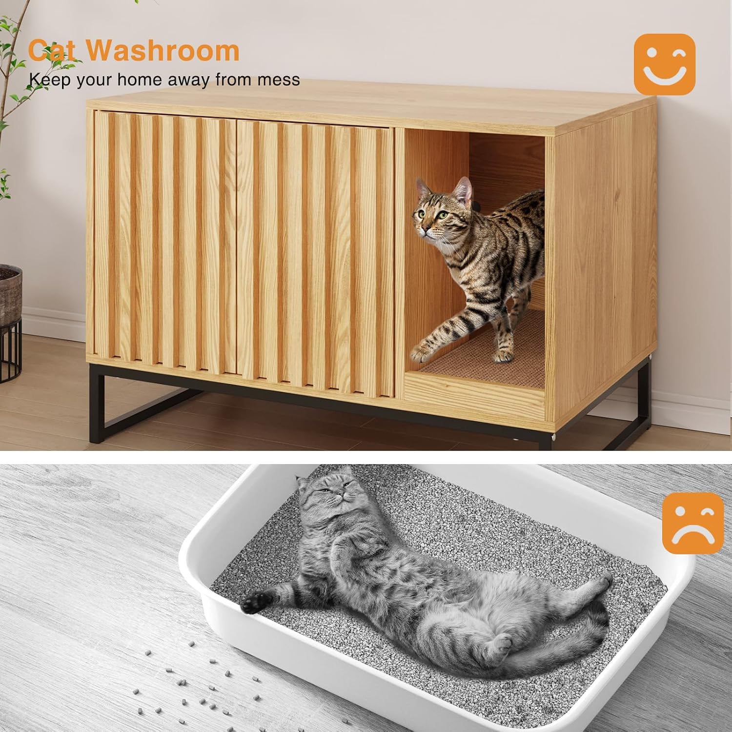 Halitaa Litter Box Enclosure, Modern Cat Litter Box Enclosure Furniture Hidden Litter Box with Scratch Pad, Cat Washroom House End Table, Entryway Bench for Livingroom (Natural)