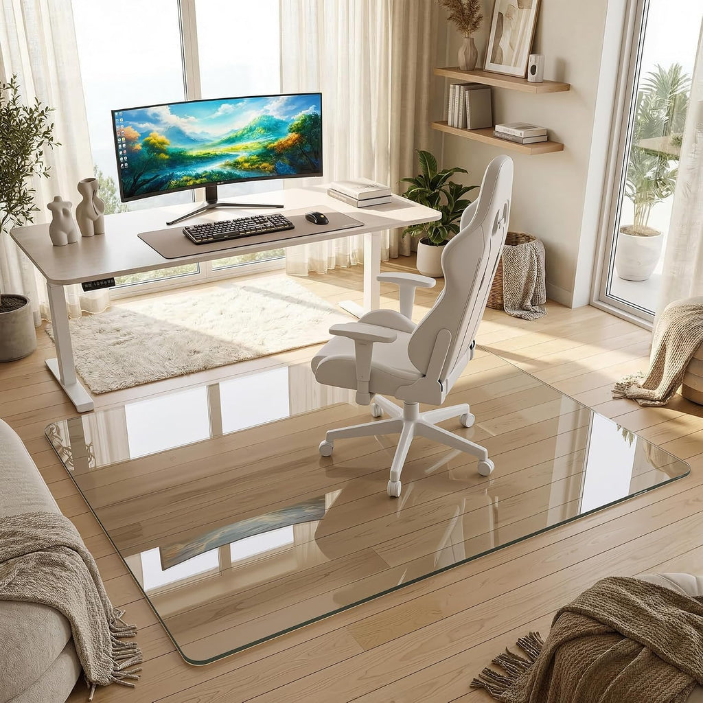 Tempered Glass Chair Mat for Hardwood Floor, 46' x 55' Heavy Duty Glass Office Chair Mat, for Low Pile Carpet, 0.2' Thick with 4 Non-Slip Pads, Smooth Rolling for Home & Office