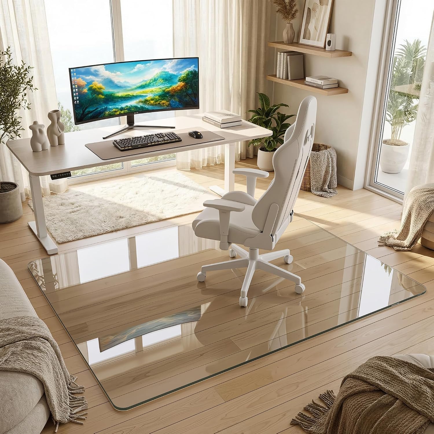 Tempered Glass Chair Mat for Hardwood Floor, 46' x 55' Heavy Duty Glass Office Chair Mat, for Low Pile Carpet, 0.2' Thick with 4 Non-Slip Pads, Smooth Rolling for Home & Office
