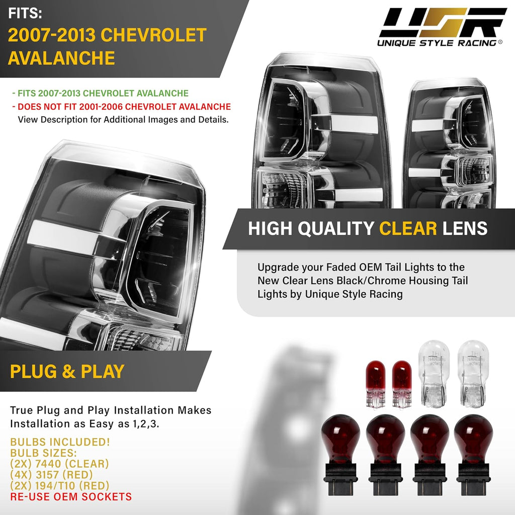 USR 07-13 GMT900 Tail Light – Rear Tail Lamps Set (Left + Right) Compatible with 2007-2013 Chevrolet Avalanche PickUp Chevy Truck All Models - LS, LT and LTZ (CLEAR LENS TAIL LIGHTS with COLOR BULBS)