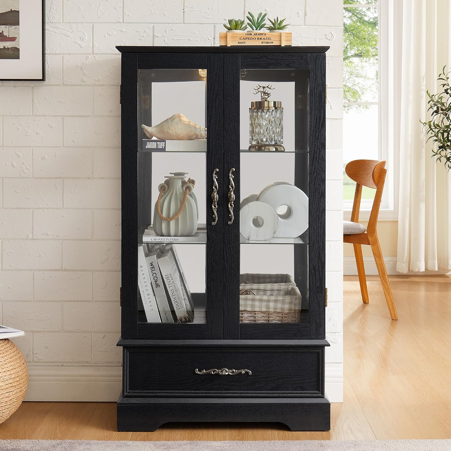 47' Lighted Glass Accent Curio Cabinet, 3-Tier Antique Storage Cage with Adjustable Shelves & Drawer, Acrylic Mirrored Pane, Light Blub Included, Small China Cabinet for Living Room/Kitchen (Black)