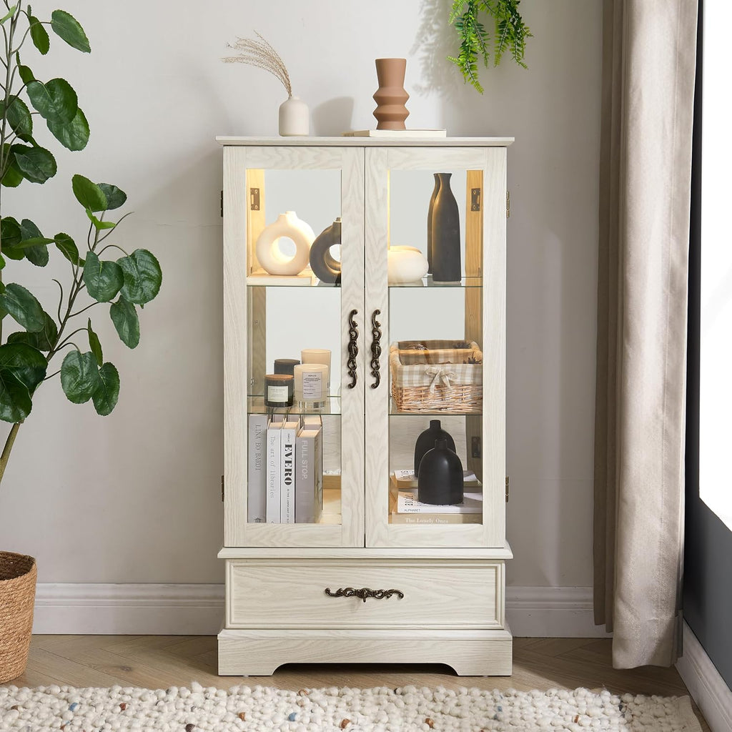47' H Lighted Curio Cabinet Display Case, Glass Case with Adjustable Shelves,Tempered Glass Door and Drawer, Wooden Curio Cabinet with Mirrored Back Pane for Living Room (Antique White)