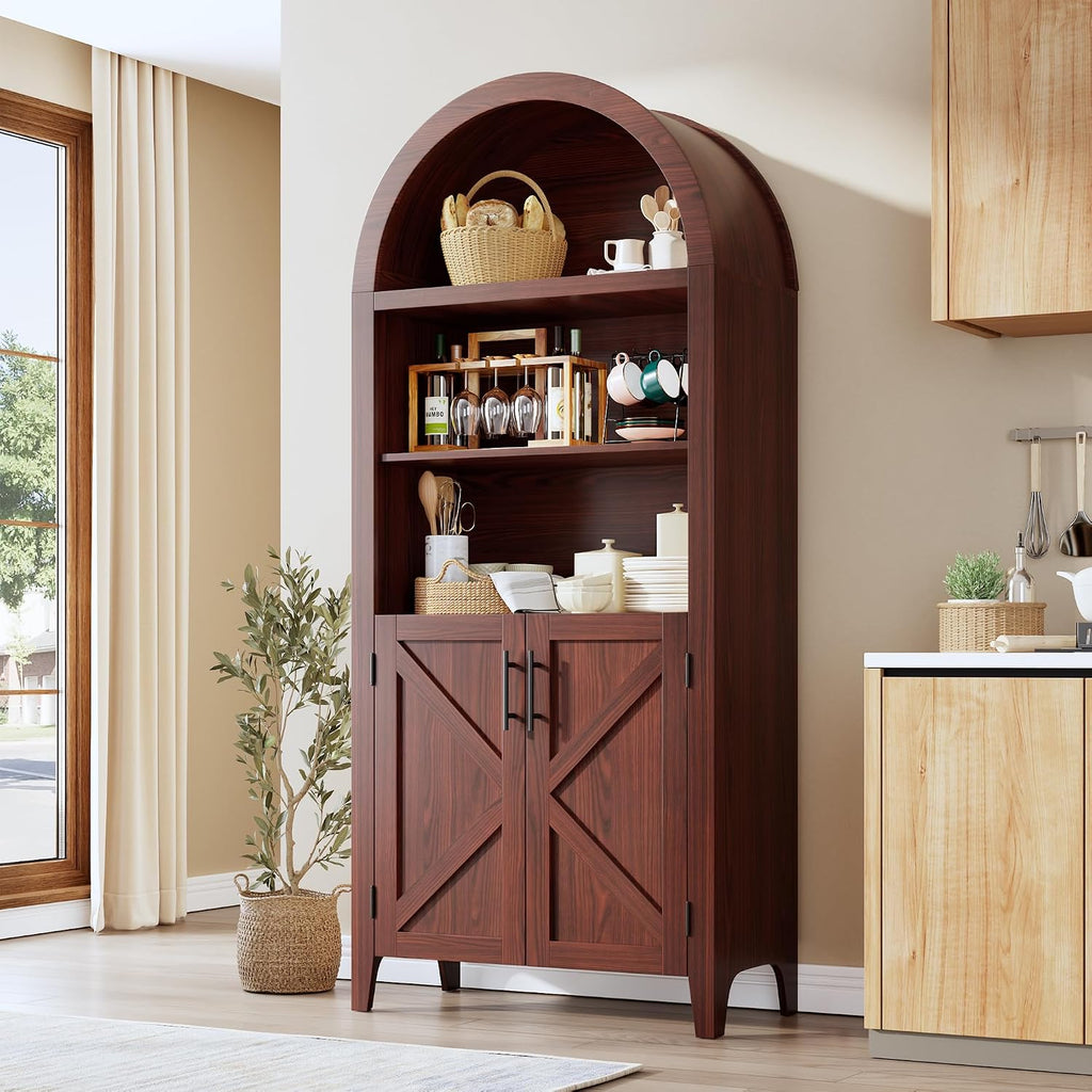 IDEALHOUSE Arched Kitchen Pantry Cabinet with Doors - 5-Tier Open Display Shelf with Nice Texture, Farmhouse Storage Cabinet for Kitchen, Dining Room, Living Room, Walnut