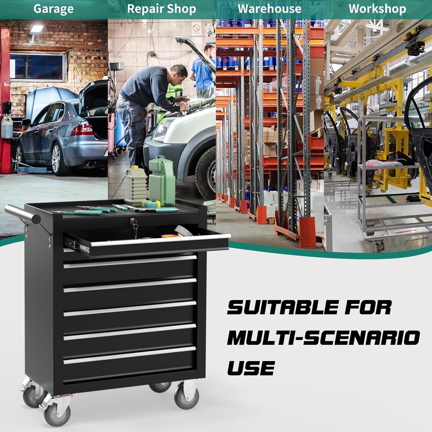7-Drawer Rolling Tool Chest with Wheels, Tool Box with Locking System and Sliding Drawers, Heavy Duty Organizer for Warehouse, Workshop Garage Black