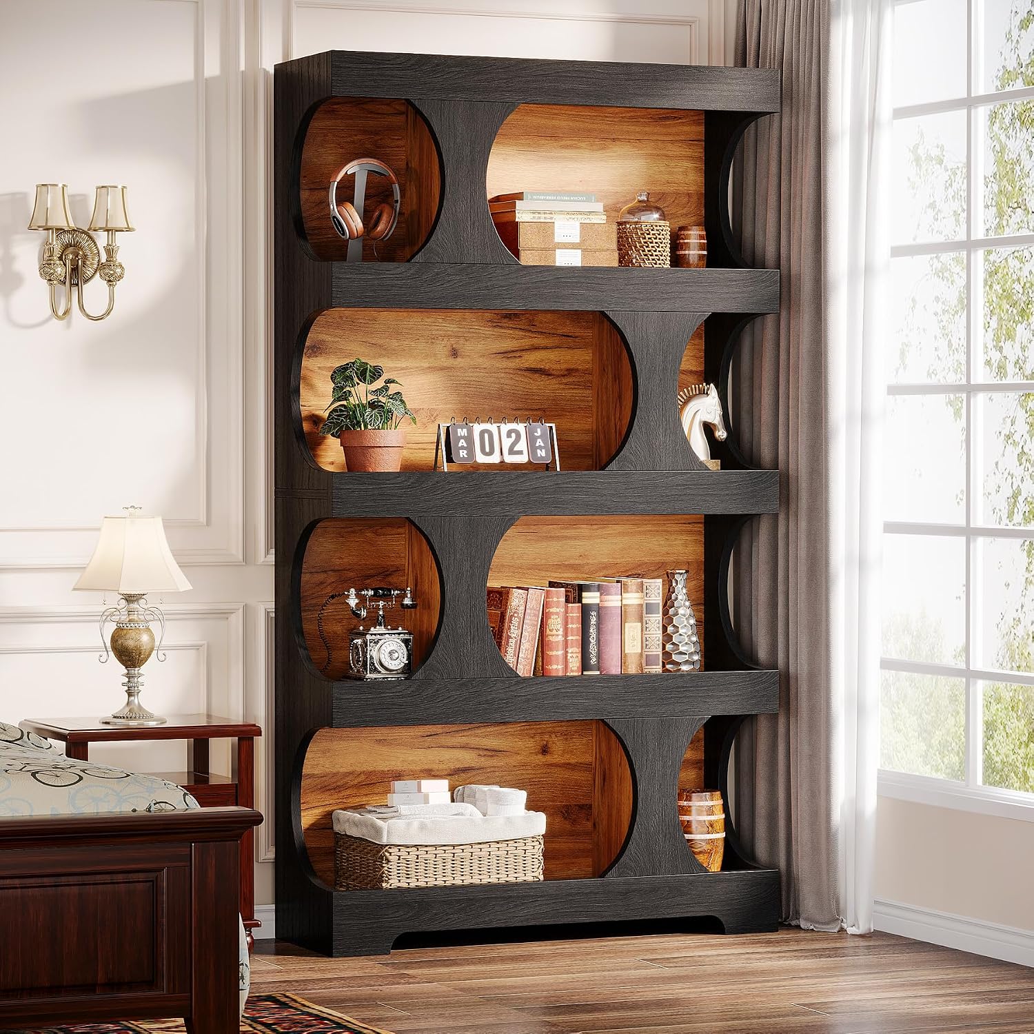 Tribesigns 71' Tall Black Bookcase Set of 2, Modern Asymmetrical Bookshelf, 4-Tier Freestanding Display Shelf with Classic Shape, Large Library Book Shelf for Living Room, Home Office