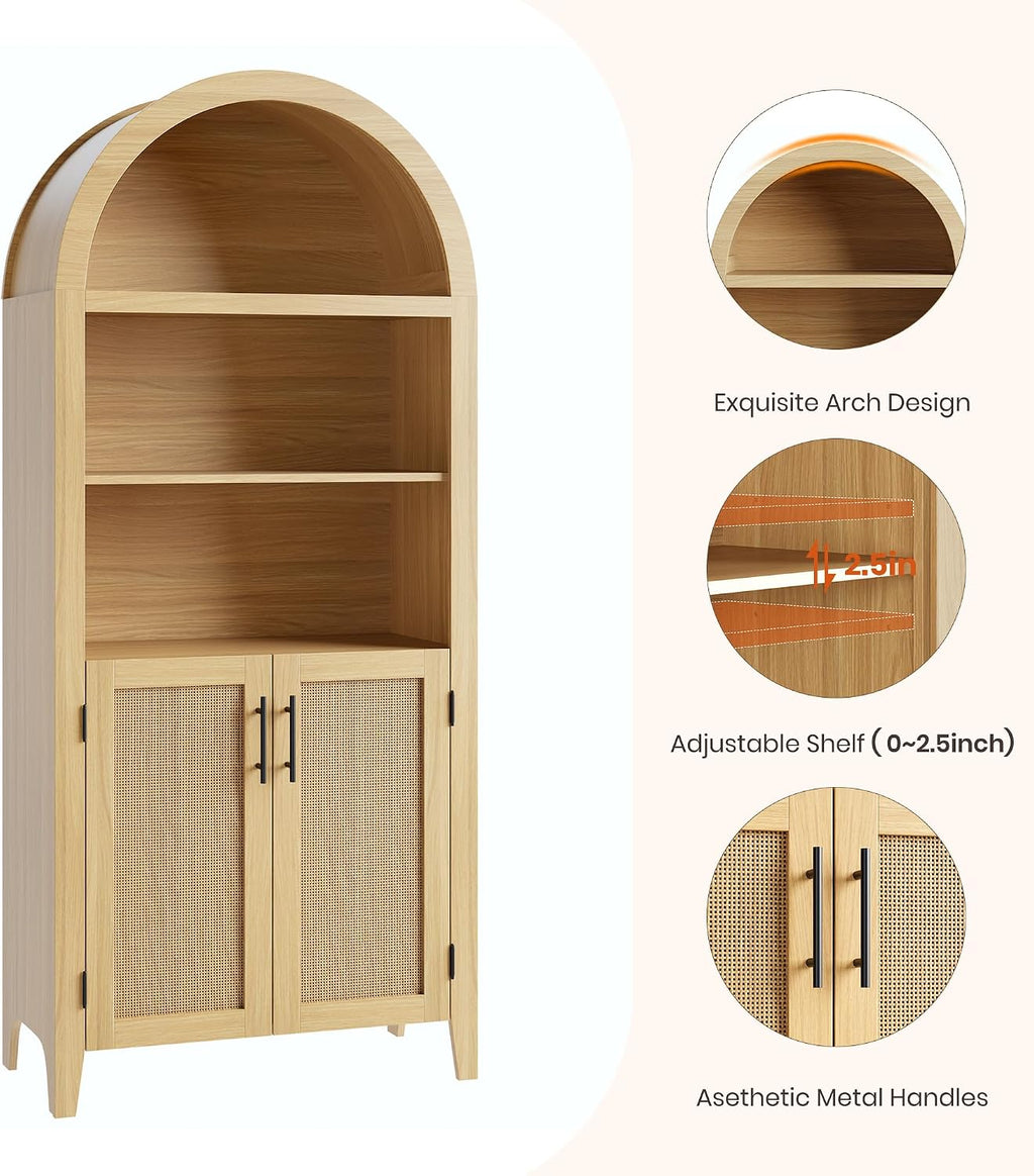 IDEALHOUSE Arched Kitchen Pantry Cabinet with Doors - 5-Tier Open Display Shelf with Rattan Decor, Farmhouse Storage Cabinet for Kitchen, Dining Room, Living Room, Natural