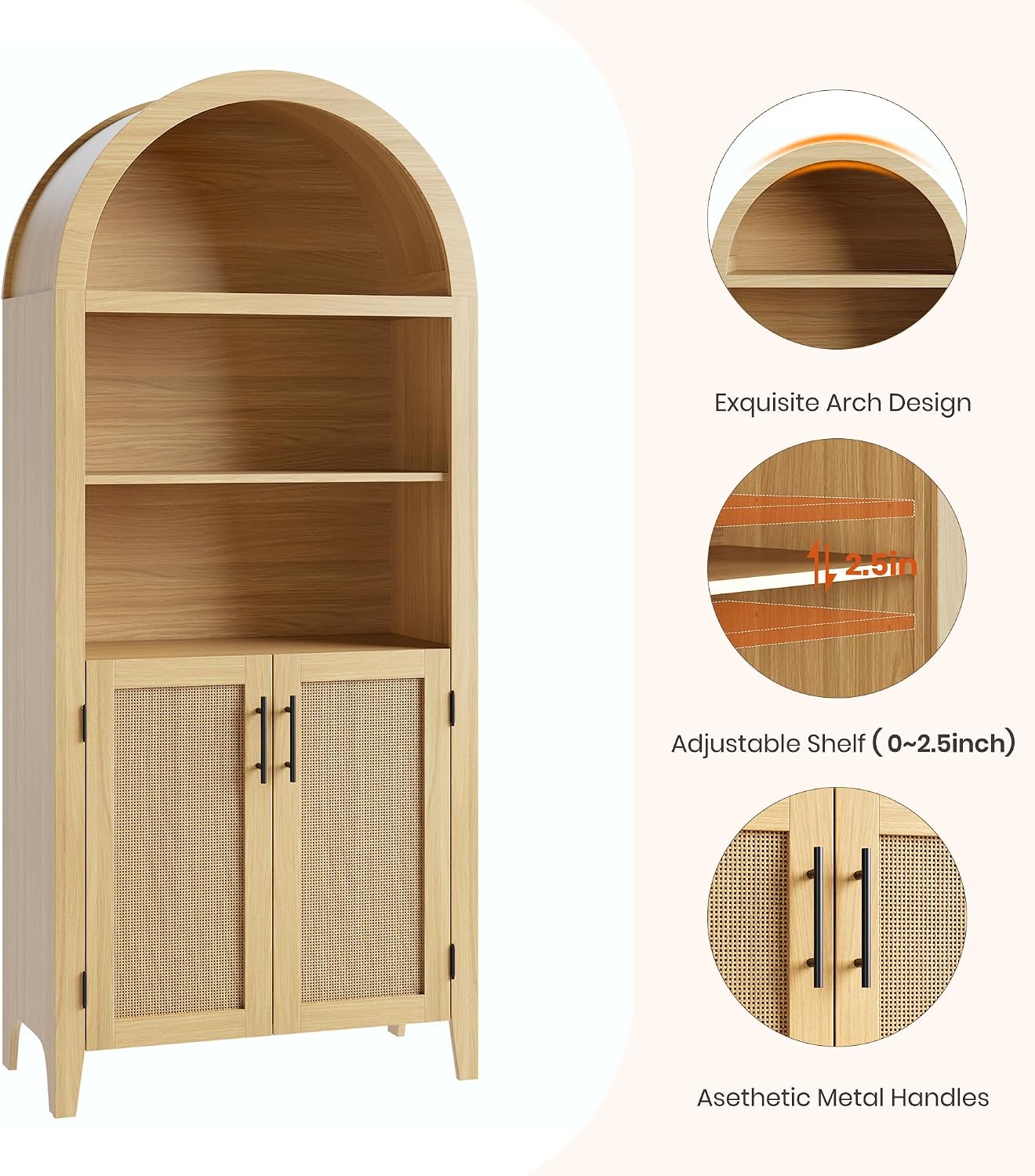 IDEALHOUSE Arched Kitchen Pantry Cabinet with Doors - 5-Tier Open Display Shelf with Rattan Decor, Farmhouse Storage Cabinet for Kitchen, Dining Room, Living Room, Natural