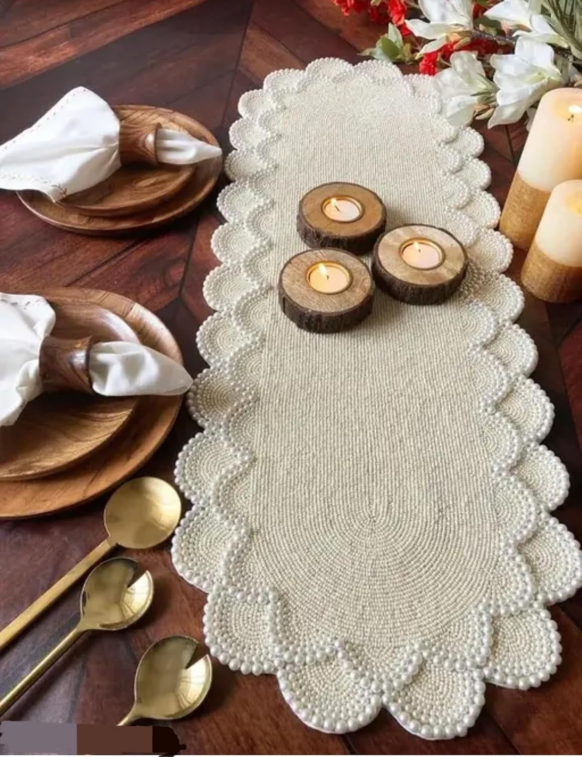 Beaded Table Runner, Cream, Scalloped Edge, Handcrafted Beaded Design, Farmhouse Dining Decor