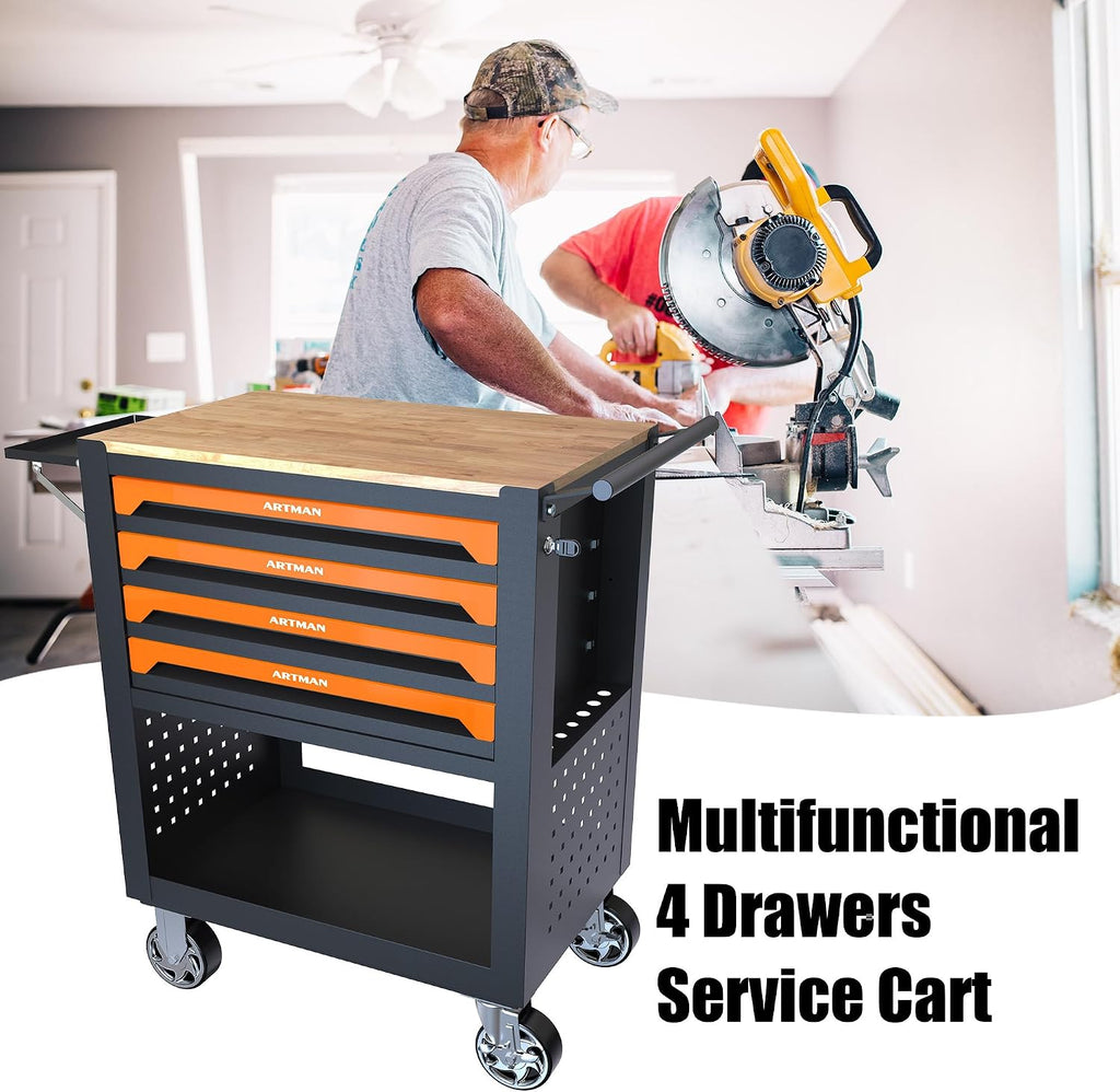 JOYBASE Rolling Tool Chest with 4 Drawers & Wood Top, Heavy Duty Steel Tool Cart on Wheels, Mobile Garage Organizer & Storage Cabinet for Workshop & Mechanic (Black & Orange)