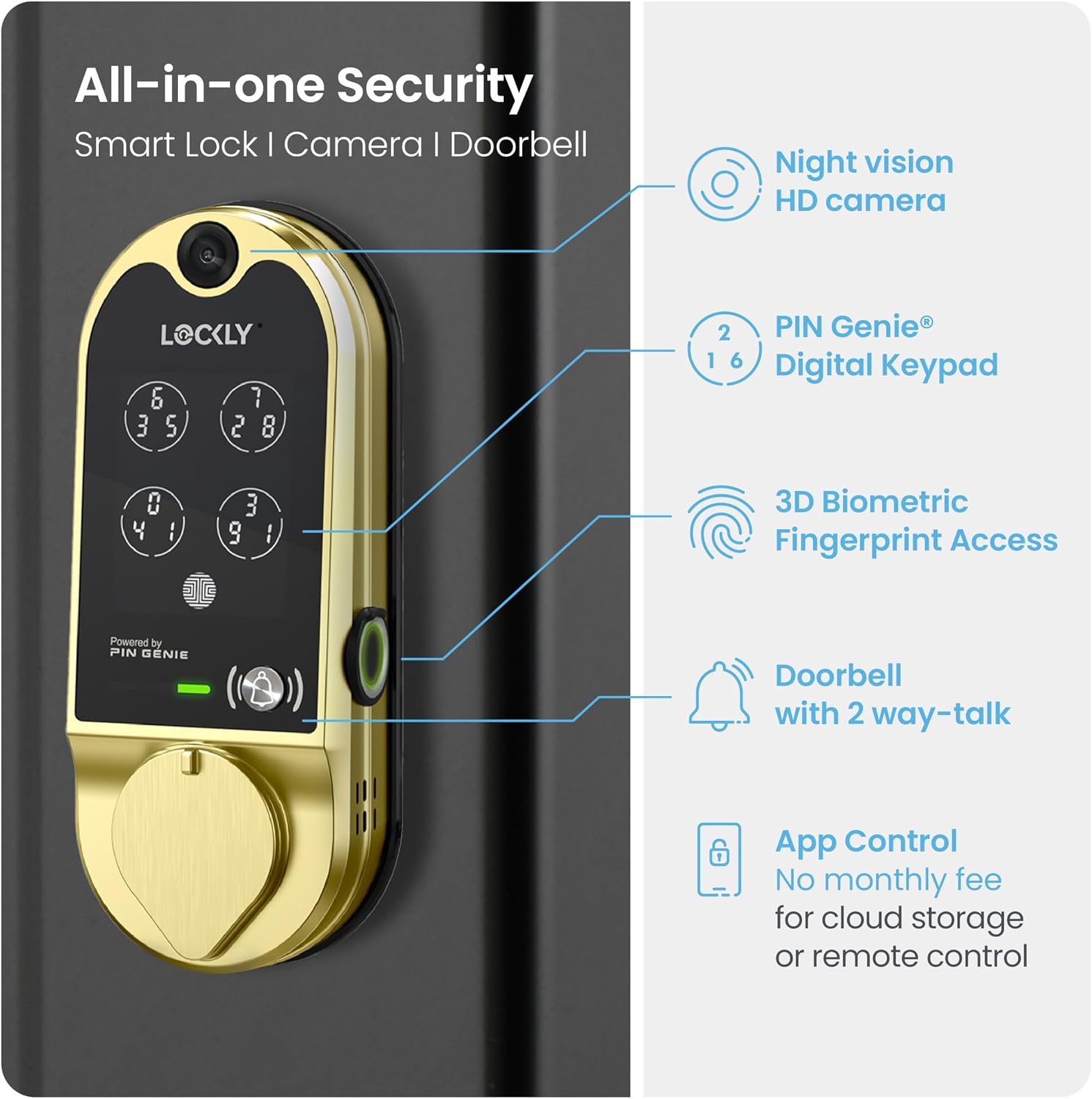 Lockly Vision Smart Lock with HD Video Doorbell, Fingerprint Door Lock for Front Door, Touchscreen Keypad, App Control, Auto Lock, No Monthly Fee - Brushed Gold