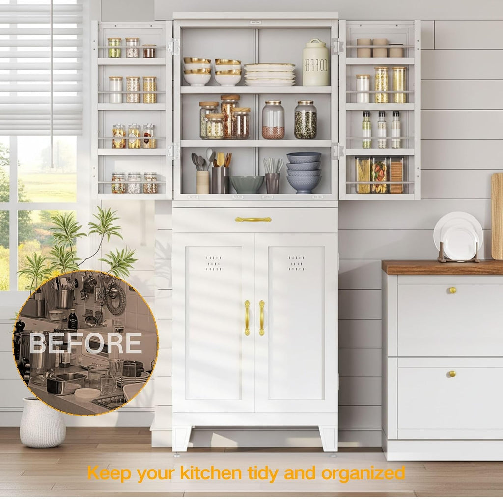 DWVO Metal Storage Cabinet, 71' Kitchen Pantry Cabinet with 4 Door & 4 Adjustable Shelves & Drawer & Door Rack, 6-Tier Tall White Steel Cabinets for Kitchen, Living Room, Dining Room