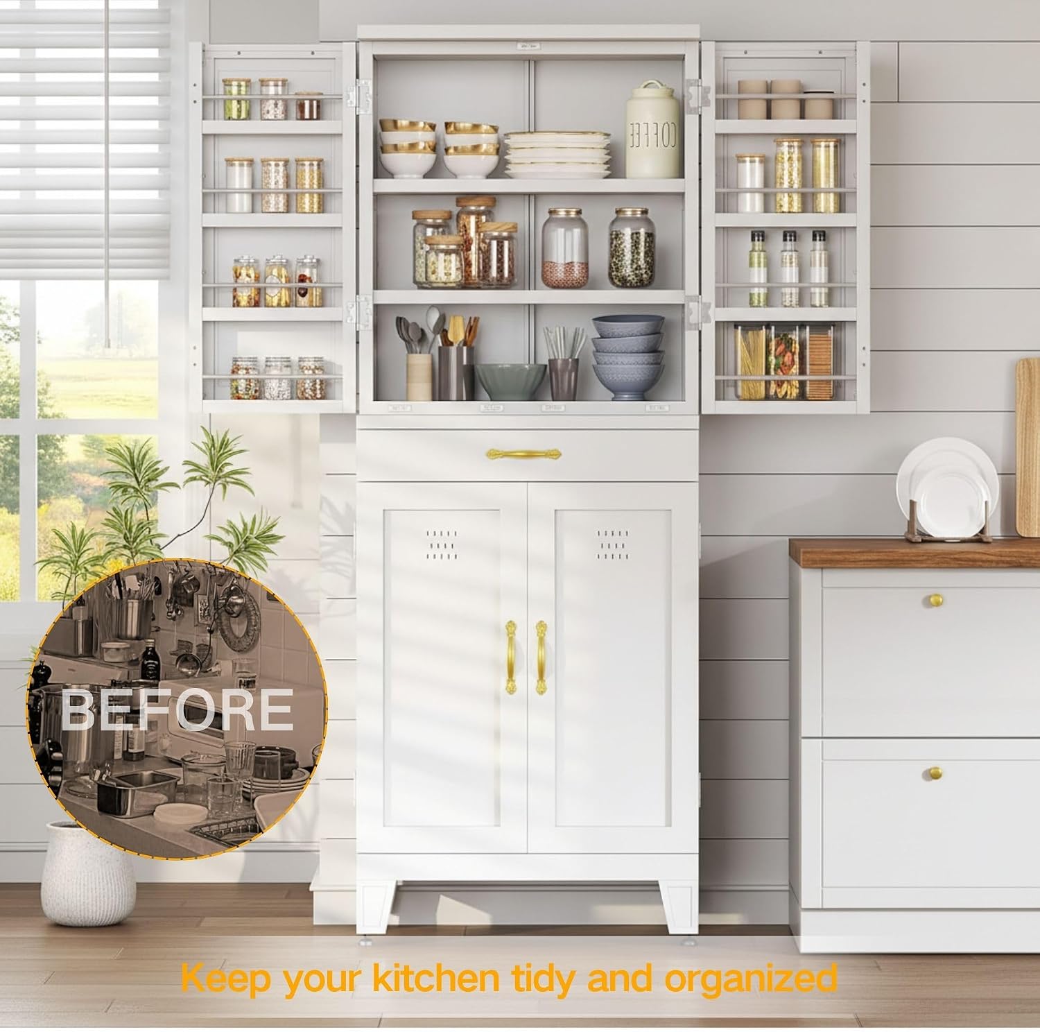 DWVO Metal Storage Cabinet, 71' Kitchen Pantry Cabinet with 4 Door & 4 Adjustable Shelves & Drawer & Door Rack, 6-Tier Tall White Steel Cabinets for Kitchen, Living Room, Dining Room