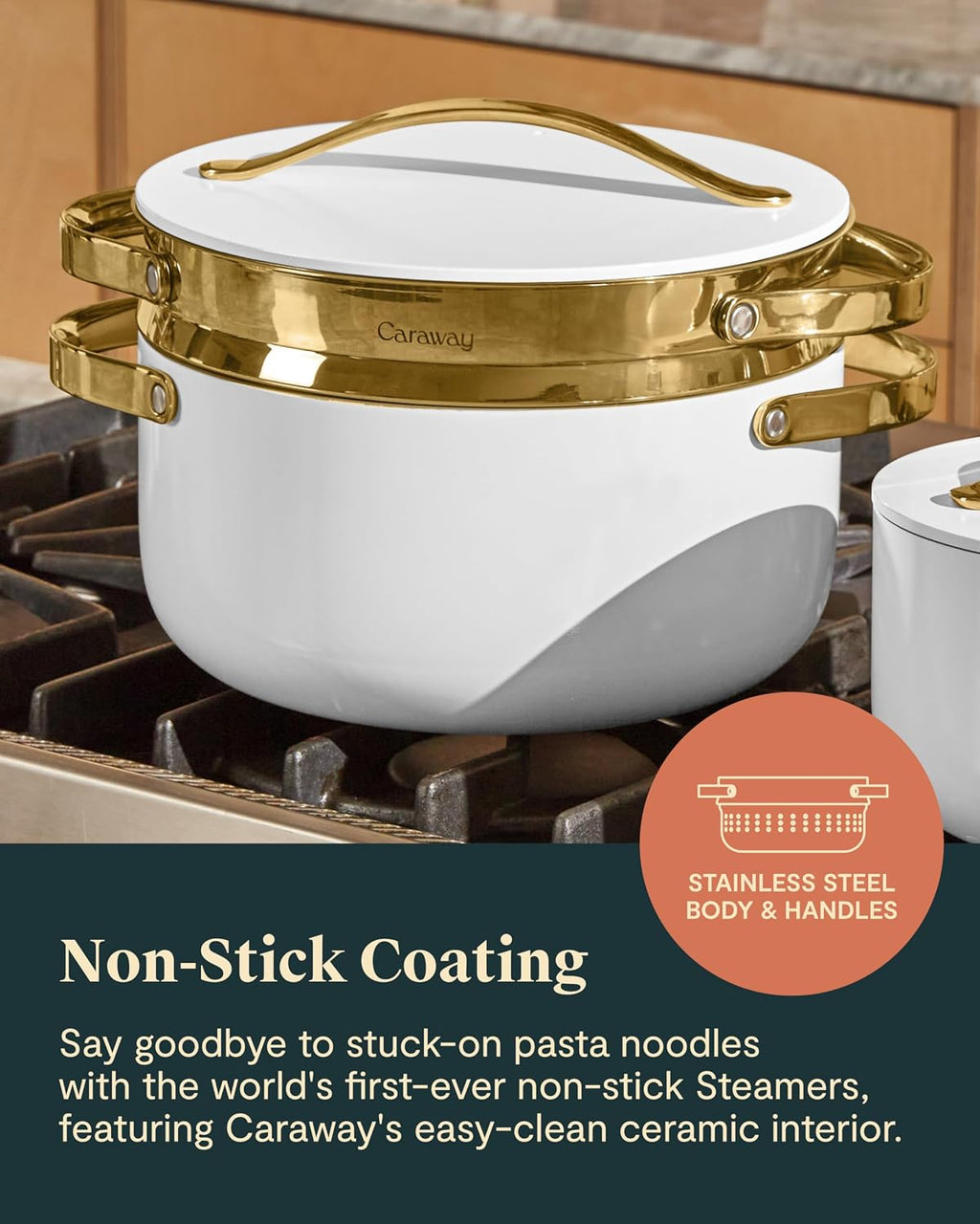 Caraway Small & Large Steamer Set – Made with Handles - Non Stick, Non Toxic Coating - Steam Veggies, Seafood, and More - Compatible With Our Dutch Oven or Sauce Pan – 3qt & 6.5qt - Gold