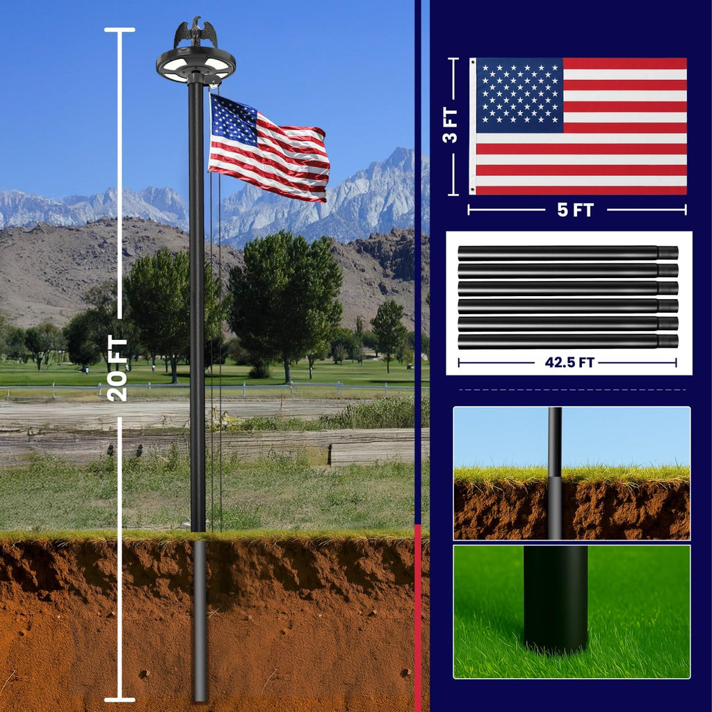 20FT Heavy Duty Flag Pole for Outside House, 100MPH Wind Rated 12 Gauge Extra Thick Aluminum Flagpole Kit, Black Eagle Topper & Solar Light, All-Weather Yard Display with Ground Sleeve, 3x5 USA Flag (Black, 20 FT with Light)