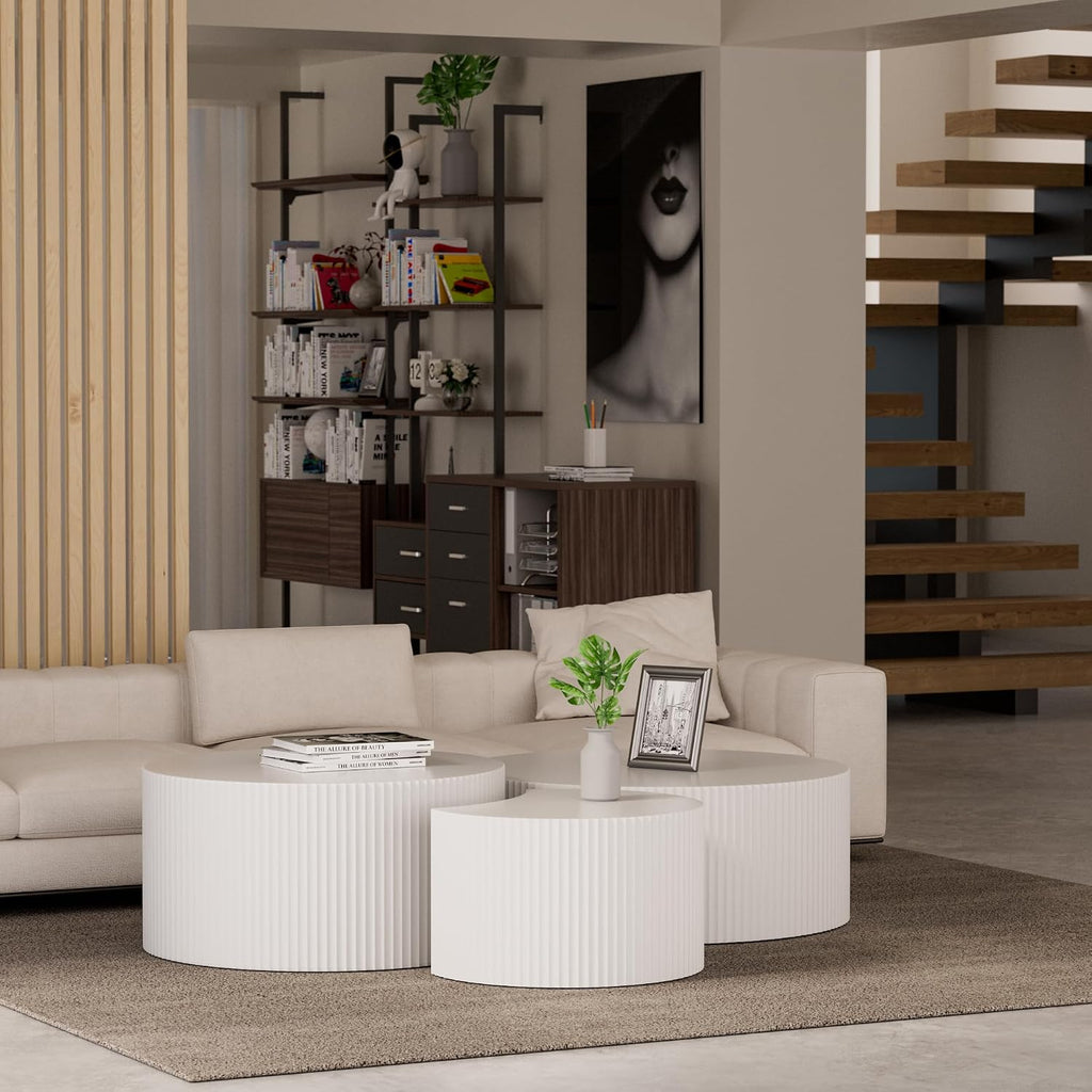 White Round Coffee Table Set of 3 Modern Drum Circle Nesting Coffee Tables for Living Room, Contemporary Wood Fluted Embossed Round+Small Crescent Coffee Table, No Assembly, White(3-Pcs)