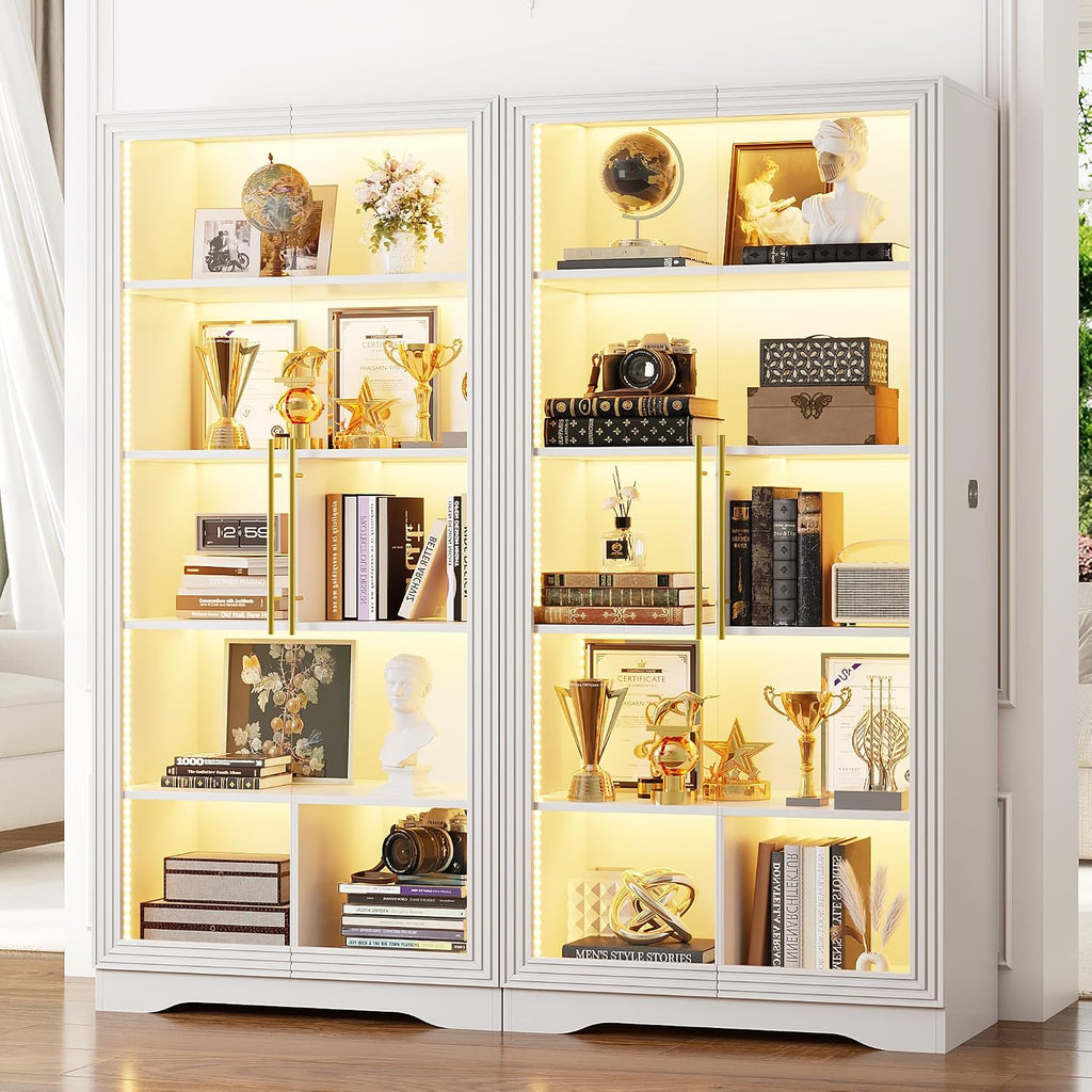 LVSOMT Display Cabinet with Glass Doors and Adjustable Shelves, 65' Tall Bookcase with LED Lights and Human Sensor, 5 Tier Display Case for Collectibles with Storage, Home Office Living Room, White