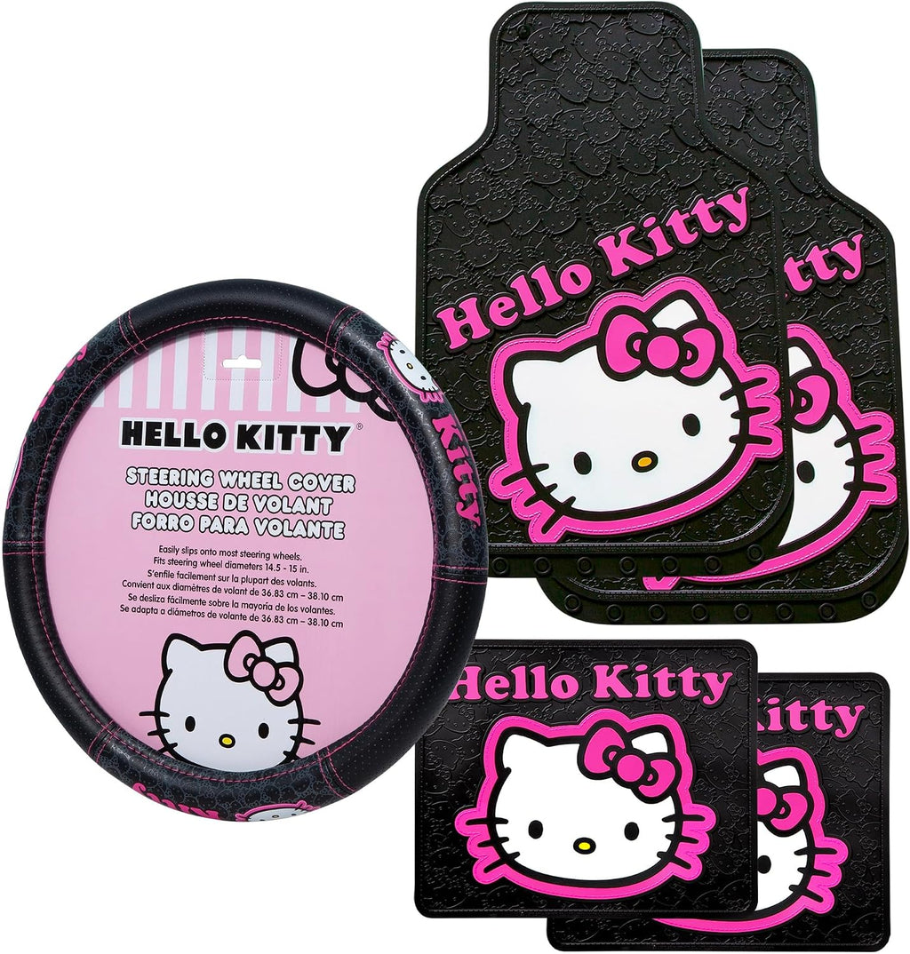 Plasticolor 008890ZA1 Hello Kitty Collage Hot Pink Sanrio Front & Rear Floor Mats and Steering Wheel Cover Set for Car Truck SUV - 5PC
