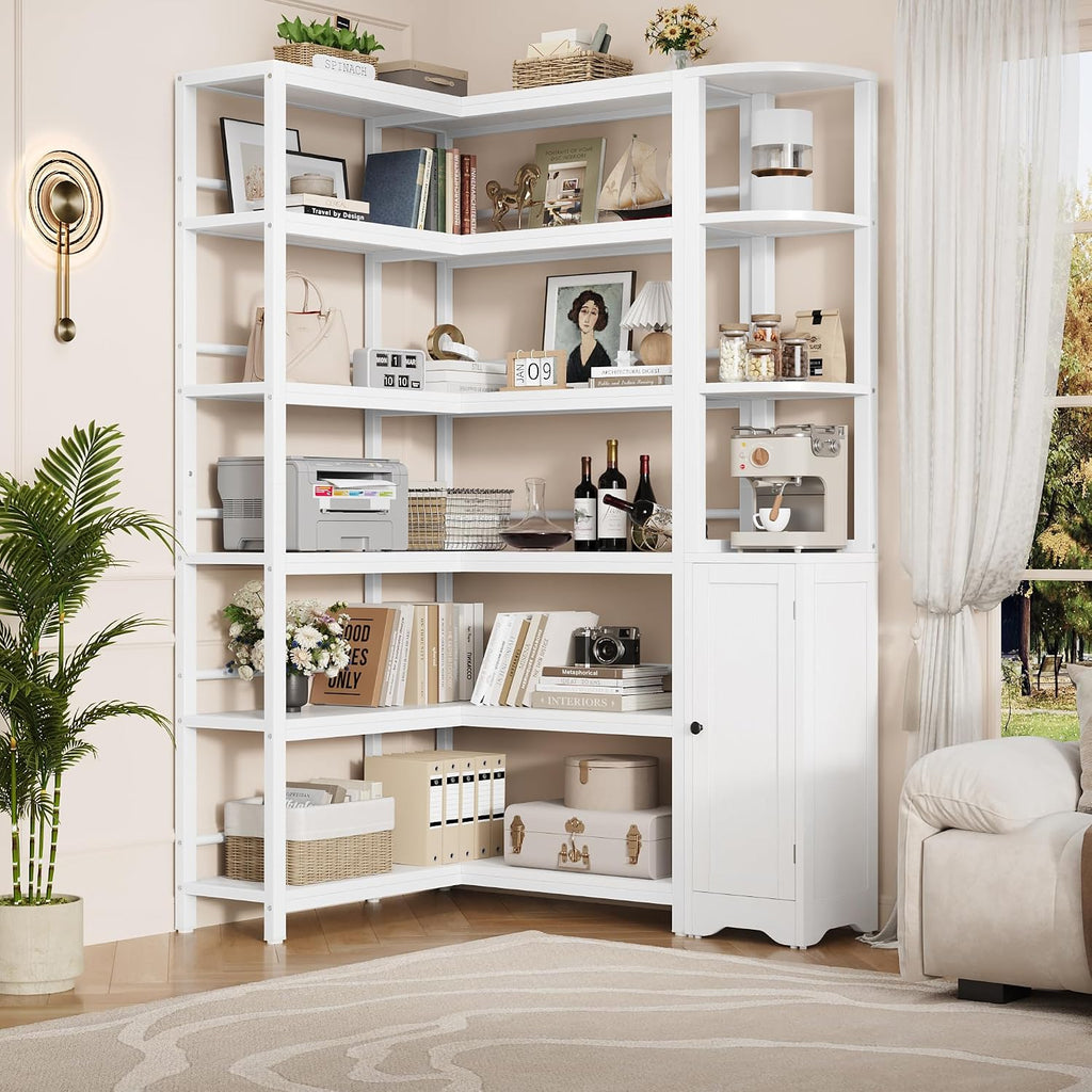 Keyluv 72' Tall Corner Bookshelf with Door, 6-Tier L Shaped Bookshelves and Bookcase with Storage Cabinet, 2 Pieces Individual Convertible Book Shelf, Display Shelf for Home Office Living Room, White