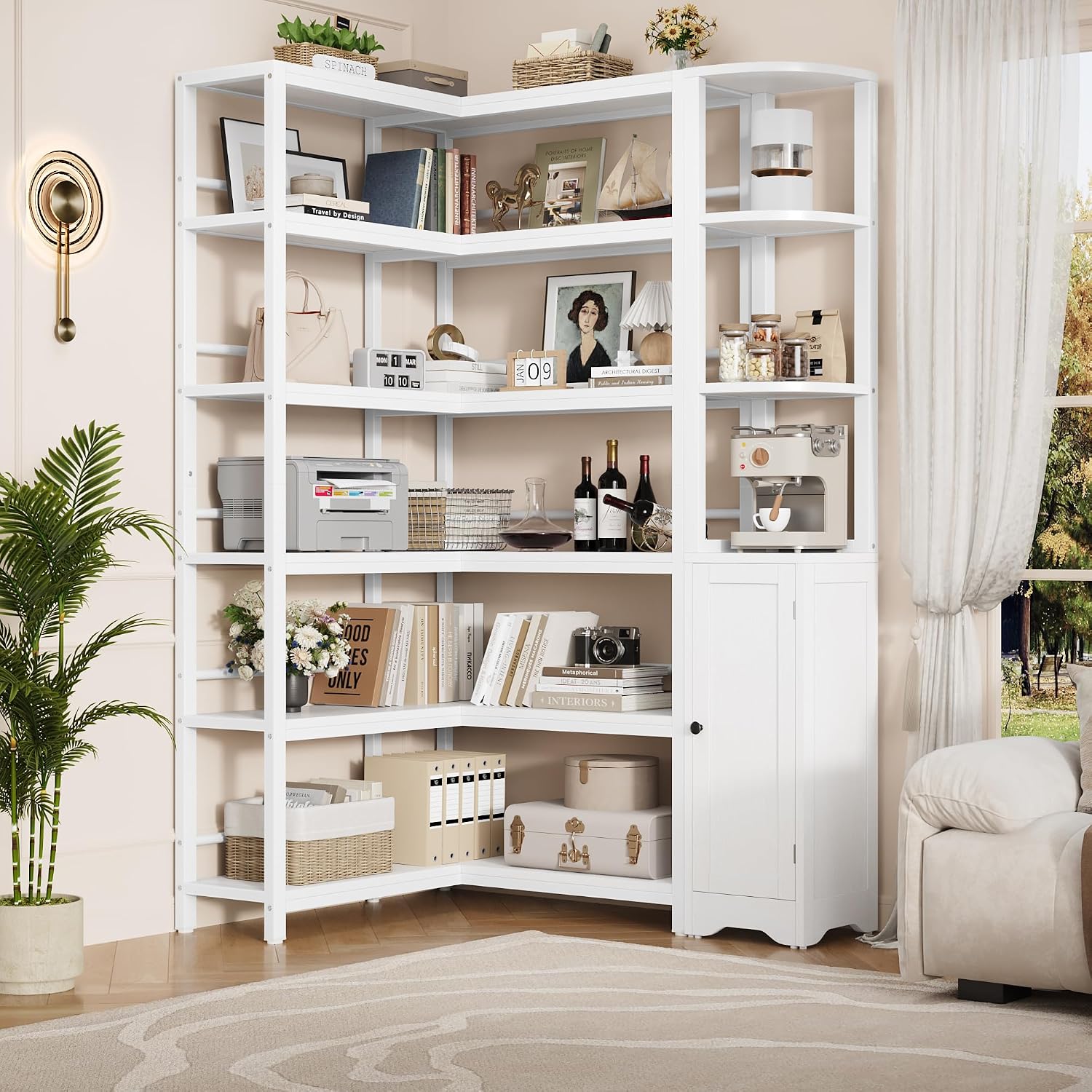 Keyluv 72' Tall Corner Bookshelf with Door, 6-Tier L Shaped Bookshelves and Bookcase with Storage Cabinet, 2 Pieces Individual Convertible Book Shelf, Display Shelf for Home Office Living Room, White