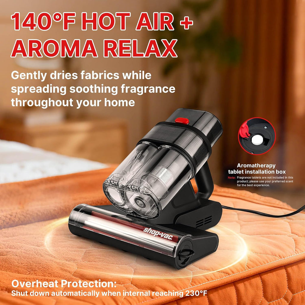 Shop-Vac Mattress Vacuum Cleaner, 14KPa Powerful Bed Vacuum with 253.7nm UV-C Light, 36960 RPM/Min Tapping, HEPA Filter & Ultrasonic, Dual Cup Filtration, for Bed, Sofa, Couch, 400W, 15.4 ft Corded