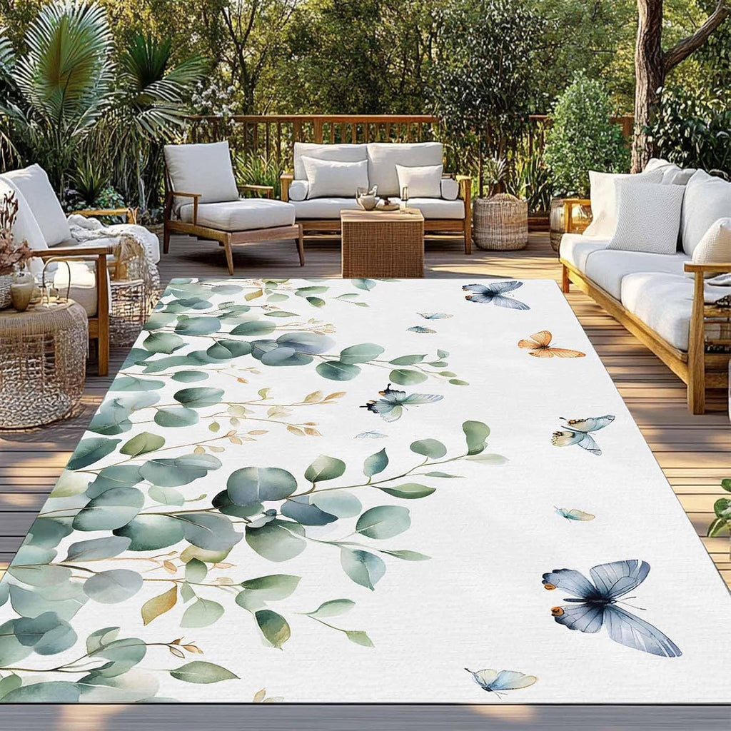 Outdoor Rug 4x6ft Spring Green Eucalyptus Leaf Butterfly on White Patio Area Rugs Waterproof Easy Cleaning Non Shedding Thick Mats Botanical Carpet for Indoor Outdoor Porch Deck Backyard Balcony