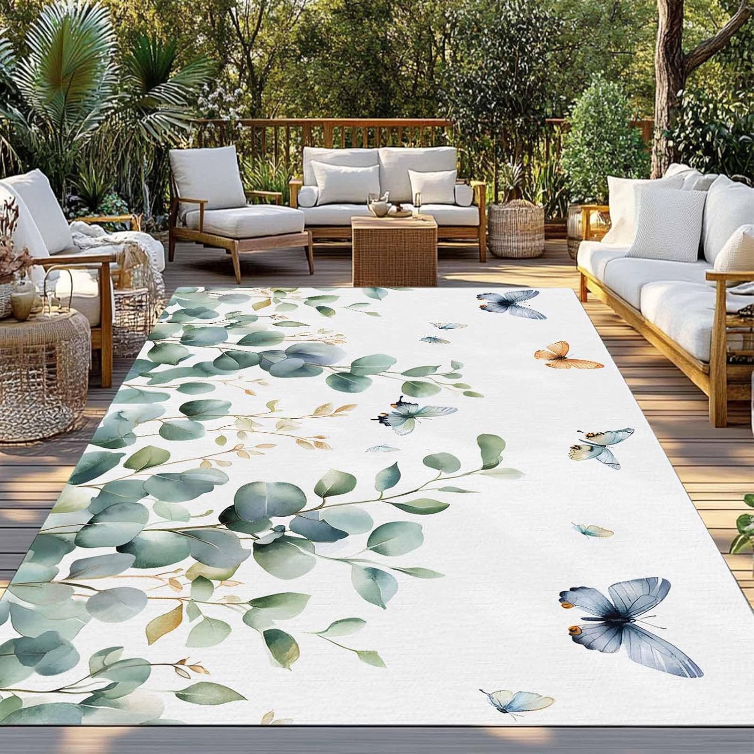 Outdoor Rug 4x6ft Spring Green Eucalyptus Leaf Butterfly on White Patio Area Rugs Waterproof Easy Cleaning Non Shedding Thick Mats Botanical Carpet for Indoor Outdoor Porch Deck Backyard Balcony