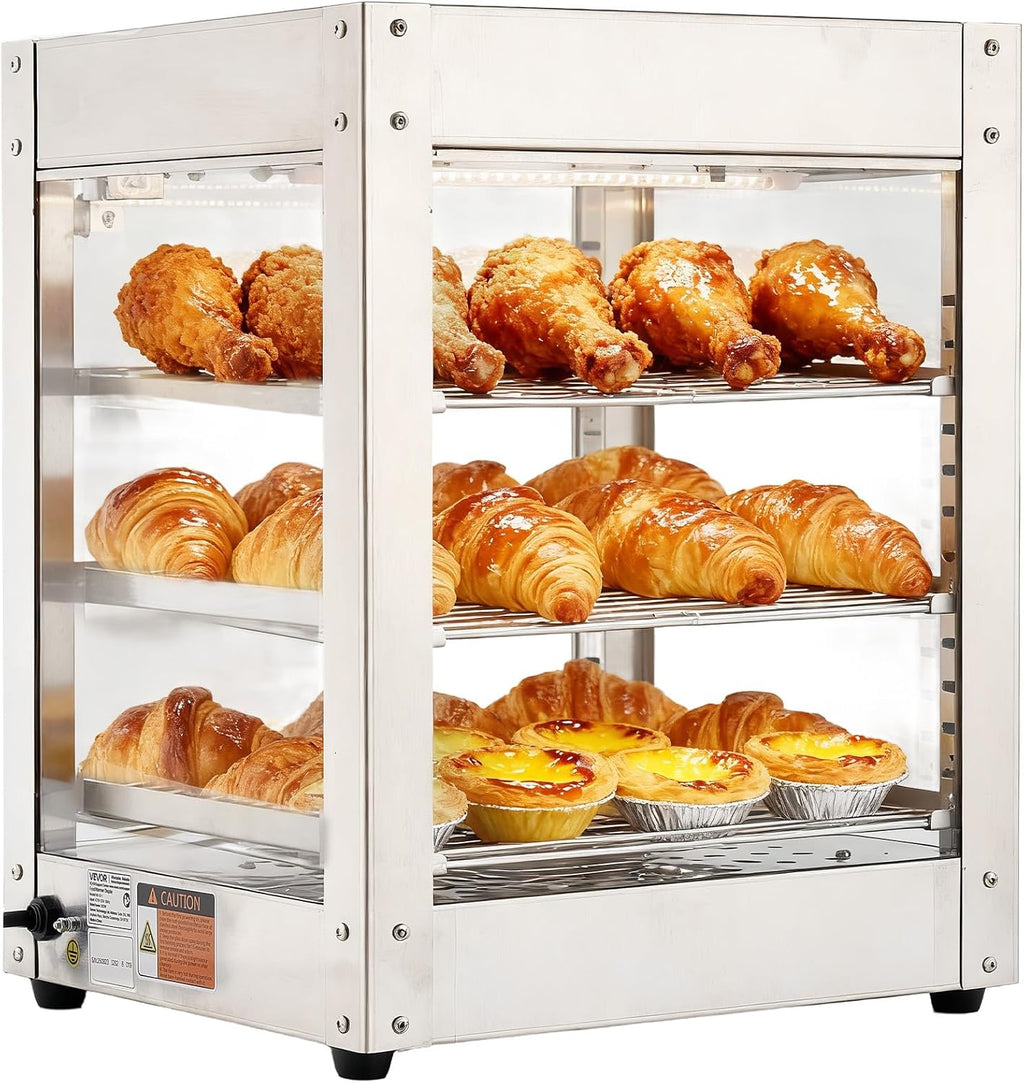 VEVOR 3-Tier Commercial Food Warmer Display, 800W Food Display Warmer with LED Light, Adjustable Shelf and Stainless Steel Frame, 86℉~185℉ Air Heating, 34L for Hamburger, Pizza, Bread, Fried Chicken