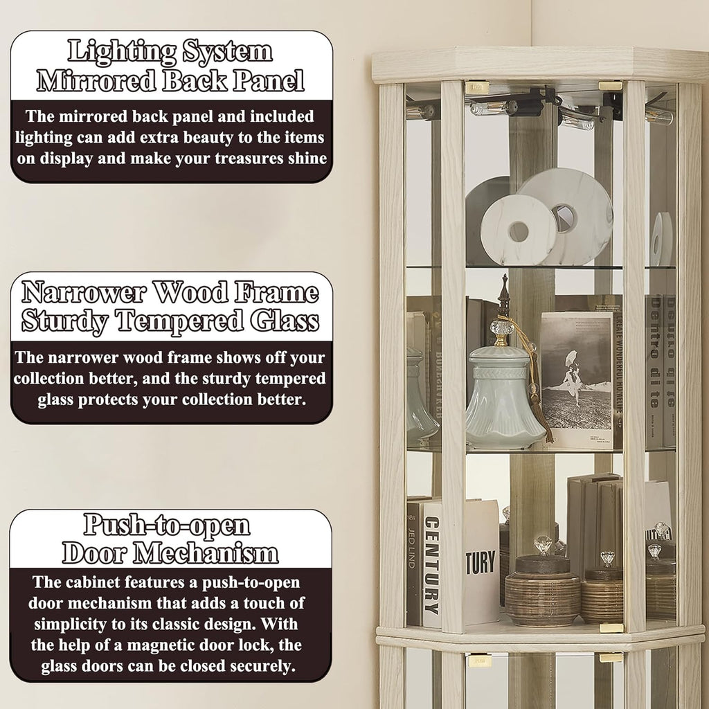 69' H Lighted Curio Cabinet Corner Display Case,Corner Glass Cabinets with Tempered Glass Door and Adjustable Shelves,Wooden Curio Cabinet with Mirrored Back Pane(Style 1 - Antique White)