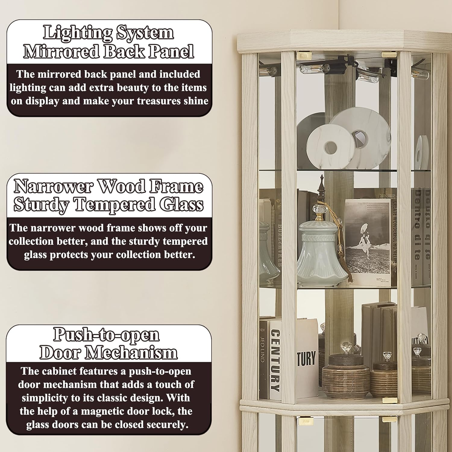 69' H Lighted Curio Cabinet Corner Display Case,Corner Glass Cabinets with Tempered Glass Door and Adjustable Shelves,Wooden Curio Cabinet with Mirrored Back Pane(Style 1 - Antique White)