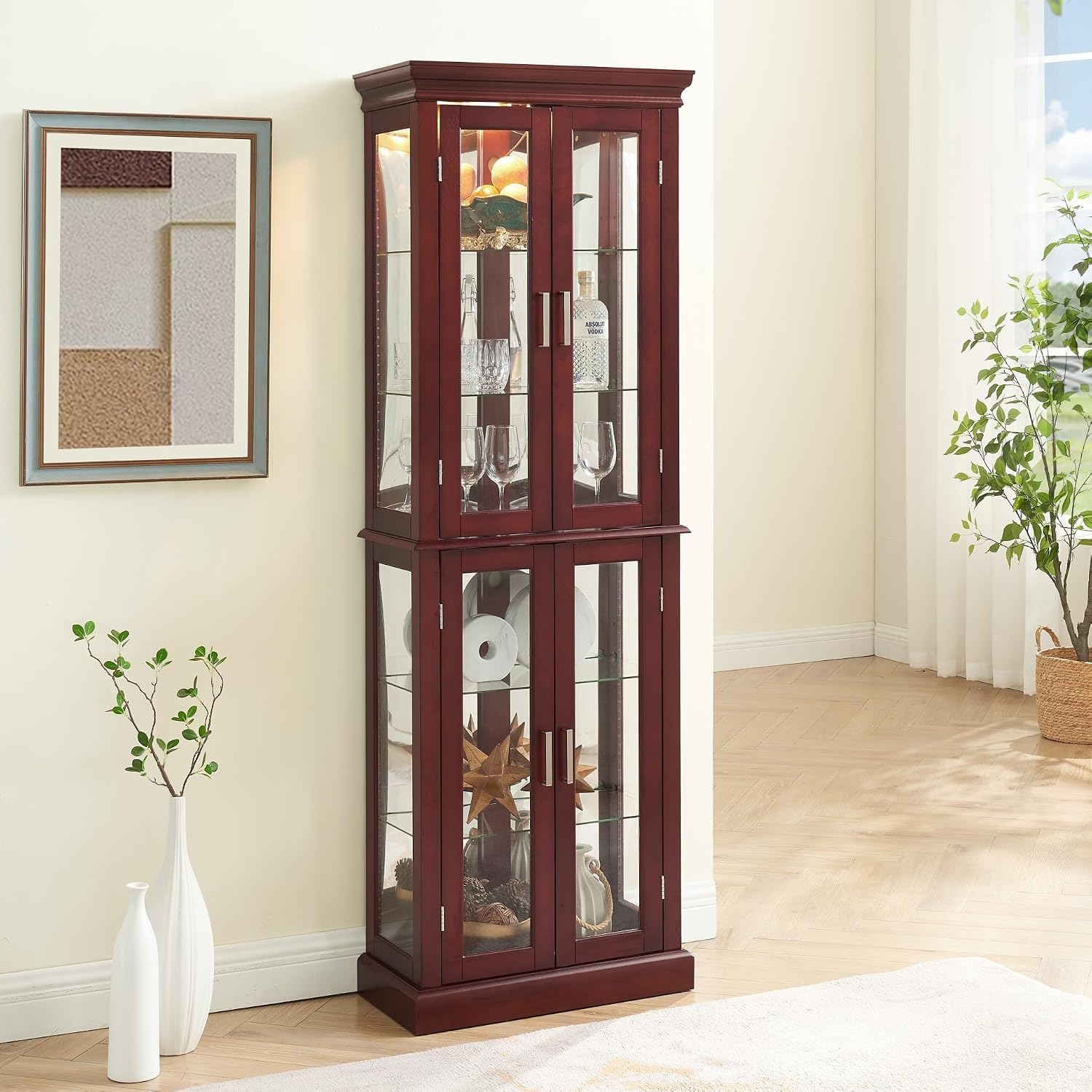 Lighted Curio Cabinet 70' Glass Display Case with Adjustable Shelves Vintage, Wooden Wine Bar Cabinet with 6 Shelves for Living Room Liquor Storage(E26 Light Bulb not Included) (Cherry)
